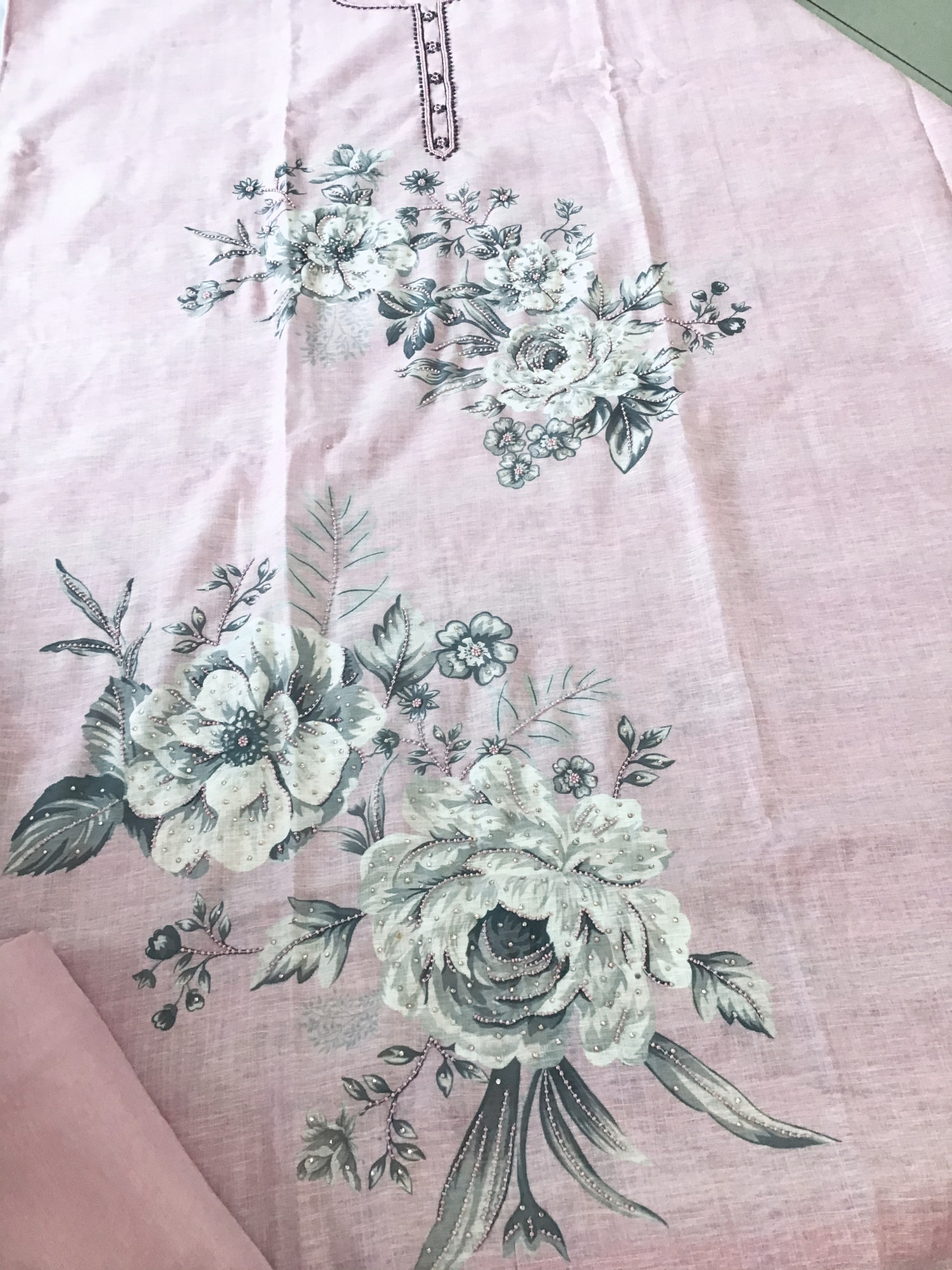 Soft Linen Jute Cotton Printed Embroidered Suit - Pink