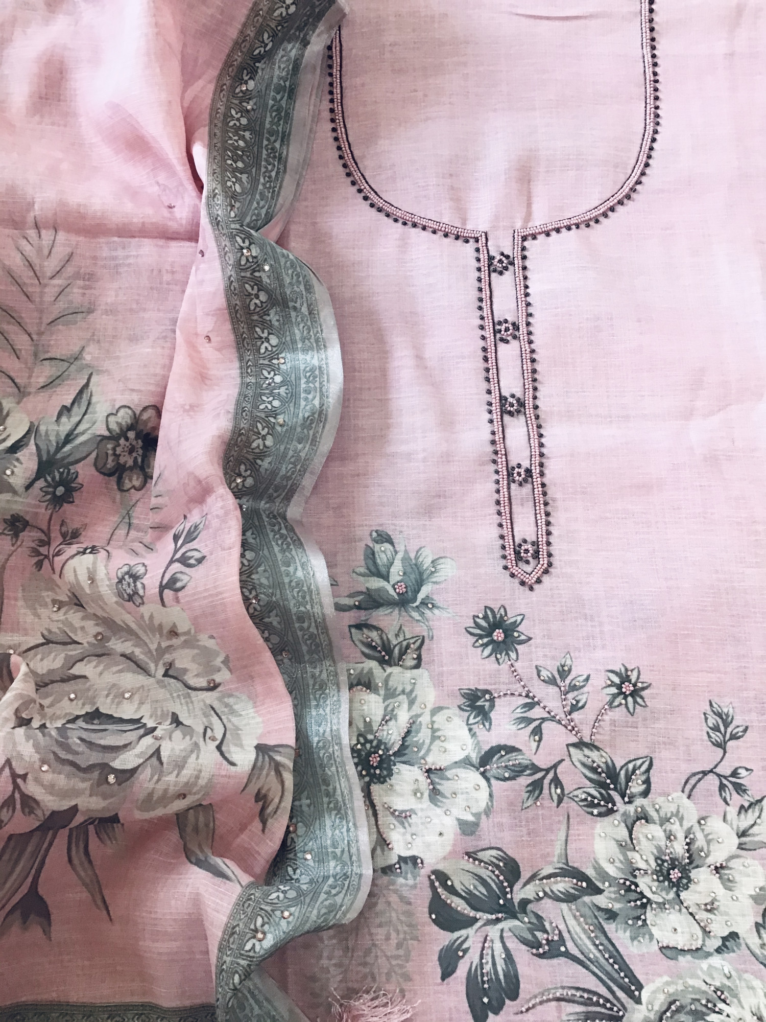 Soft Linen Jute Cotton Printed Embroidered Suit - Pink