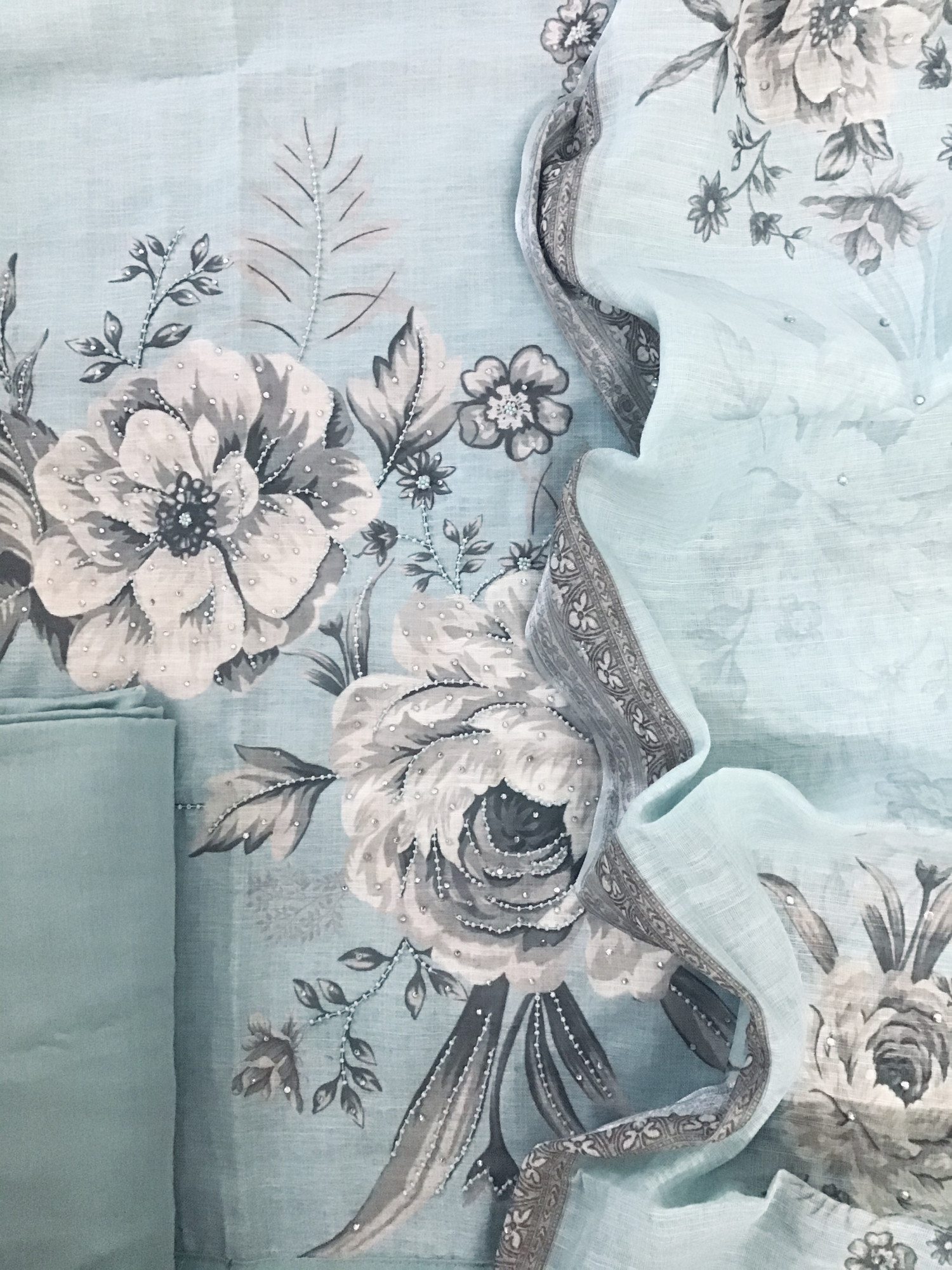 Soft Linen Jute Cotton Printed Embroidered Suit - Blue