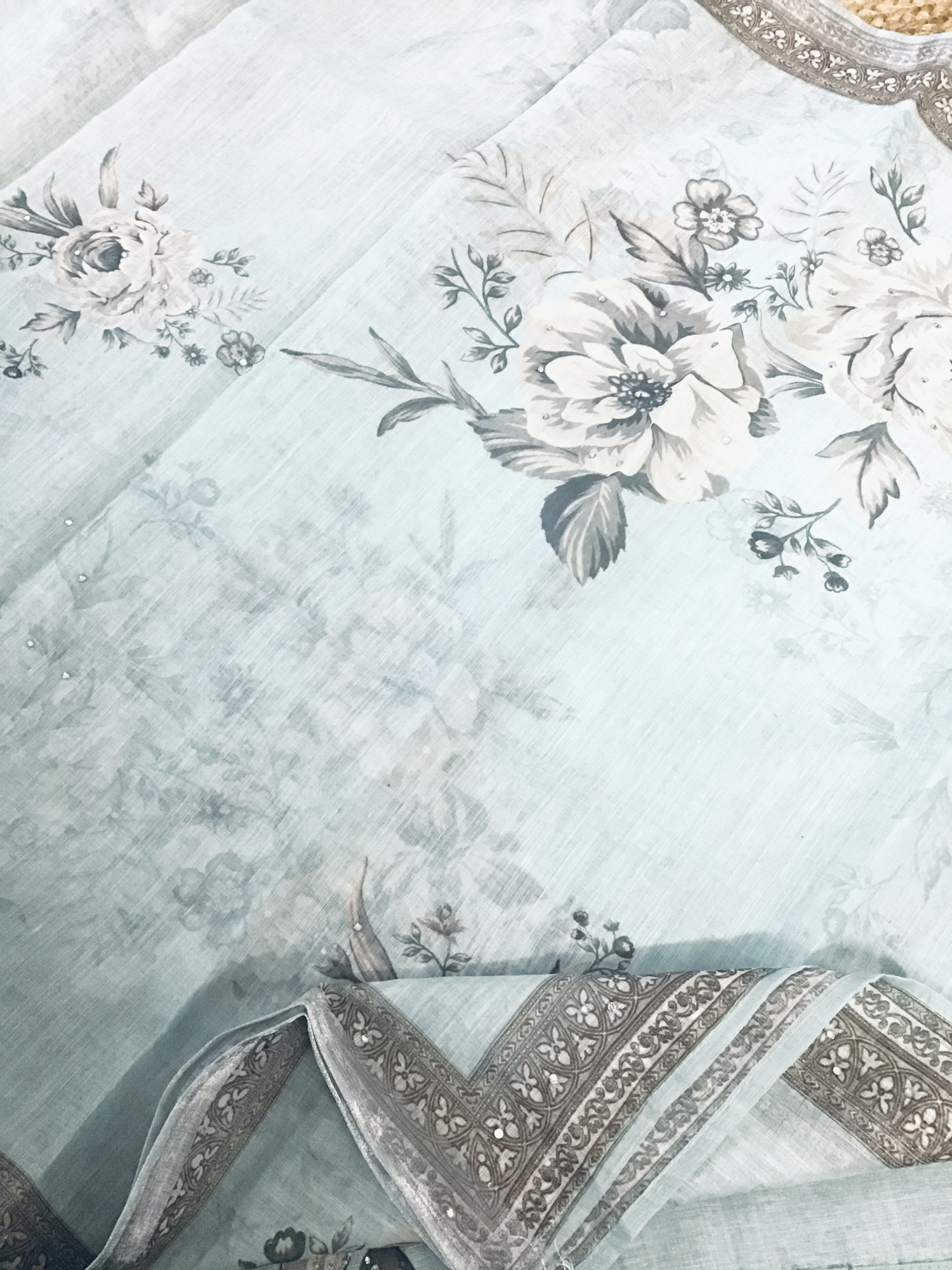 Soft Linen Jute Cotton Printed Embroidered Suit - Blue