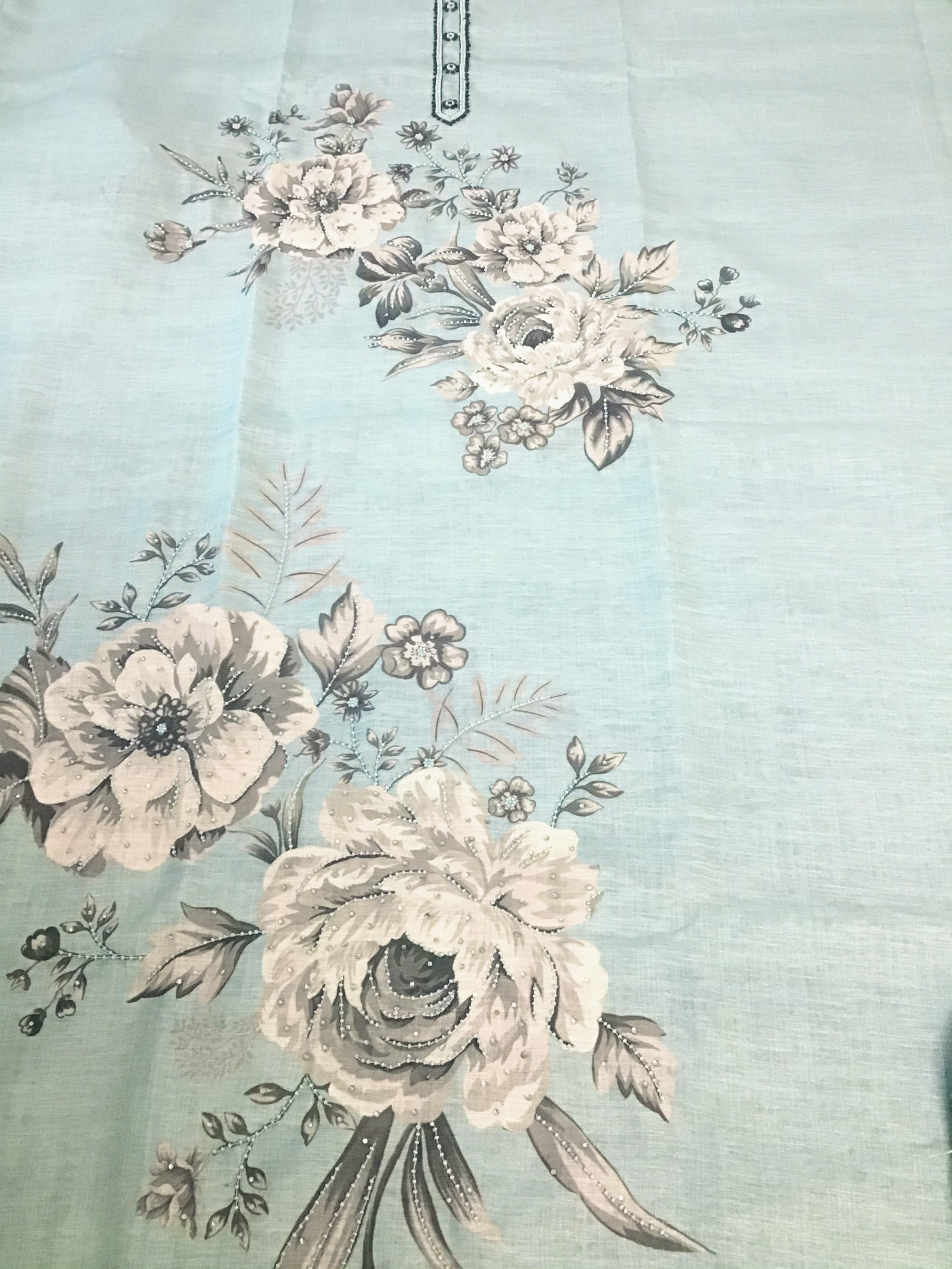 Soft Linen Jute Cotton Printed Embroidered Suit - Blue