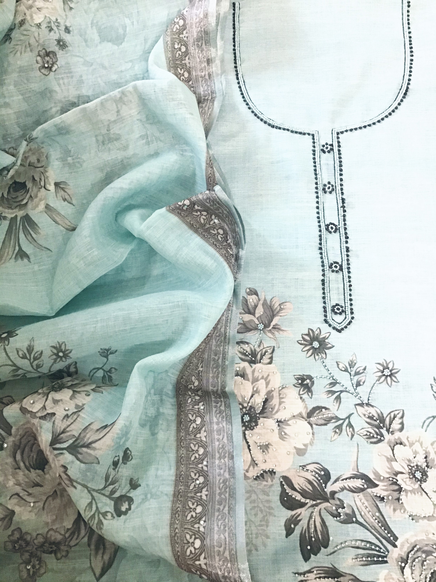 Soft Linen Jute Cotton Printed Embroidered Suit - Blue