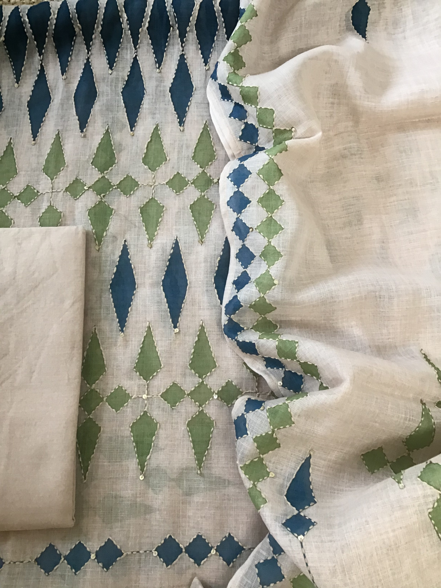 Soft Linen Jute Cotton Printed Embroidered Suit - BeigeGreen
