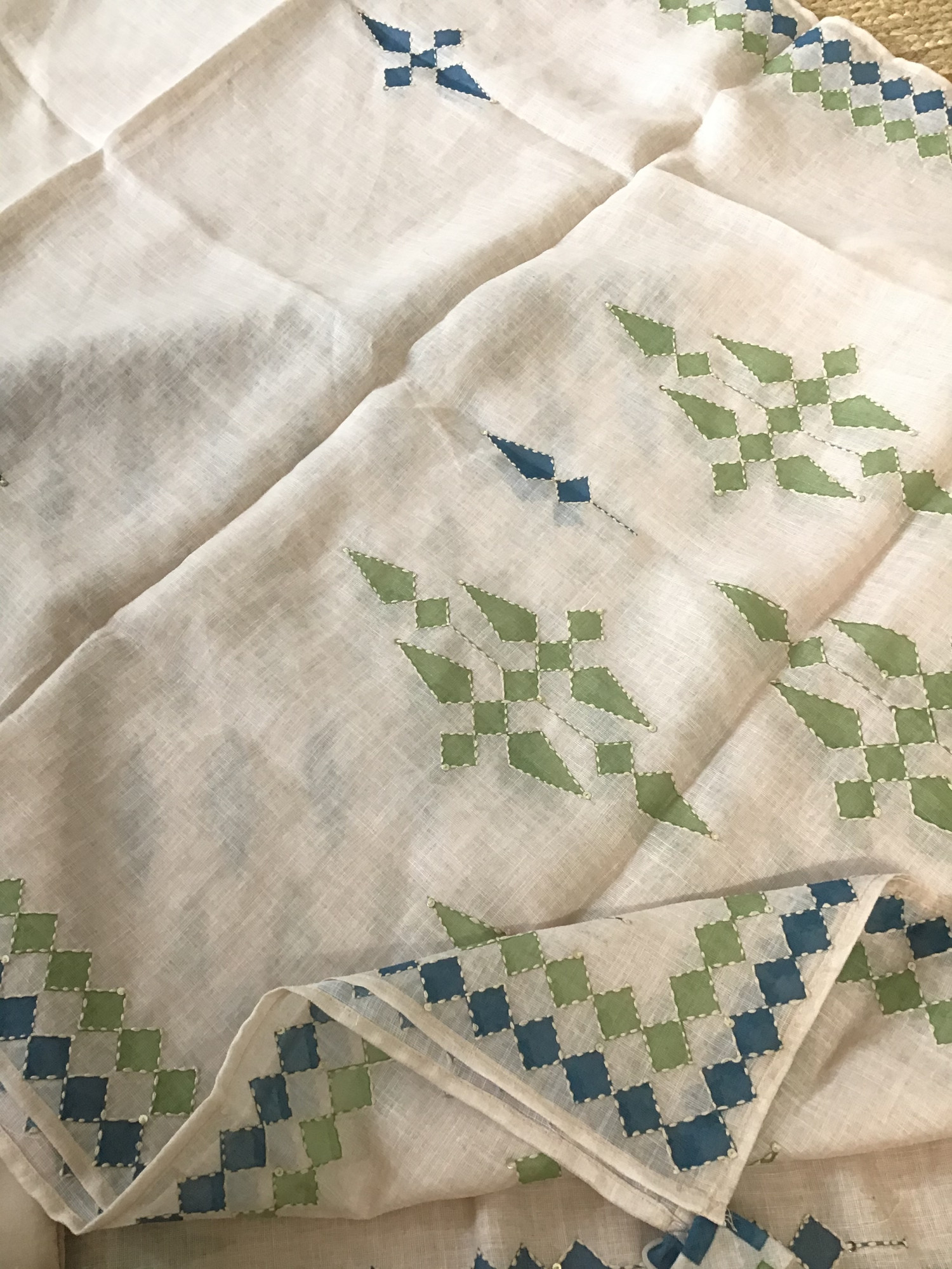 Soft Linen Jute Cotton Printed Embroidered Suit - BeigeGreen