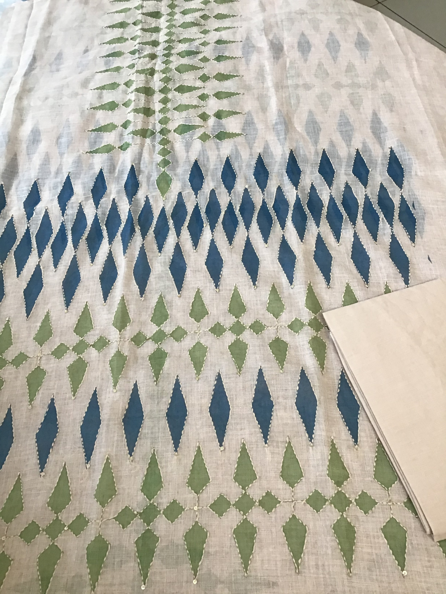 Soft Linen Jute Cotton Printed Embroidered Suit - BeigeGreen