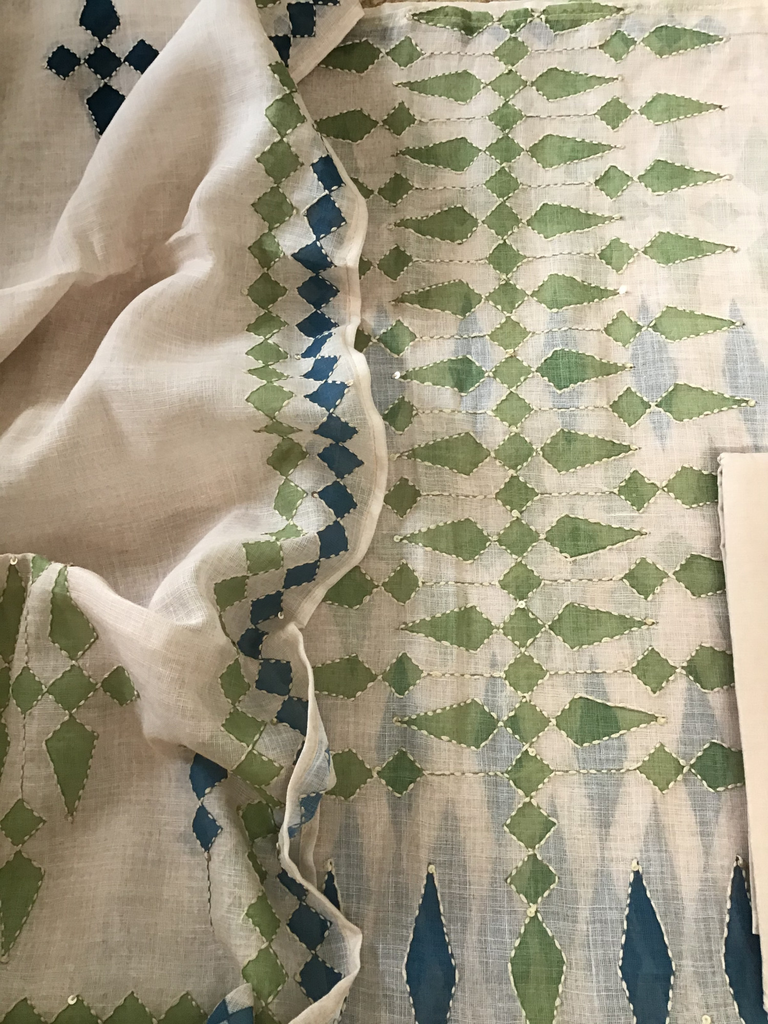 Soft Linen Jute Cotton Printed Embroidered Suit - BeigeGreen