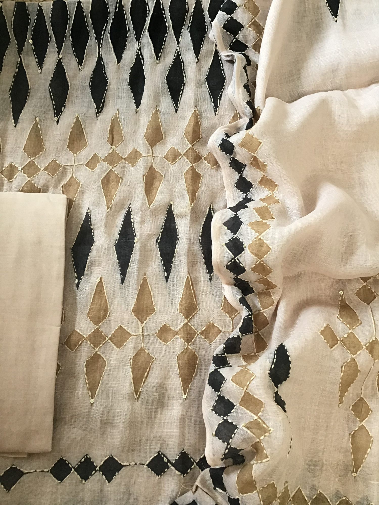 Soft Linen Jute Cotton Printed Embroidered Suit - BeigeYellow