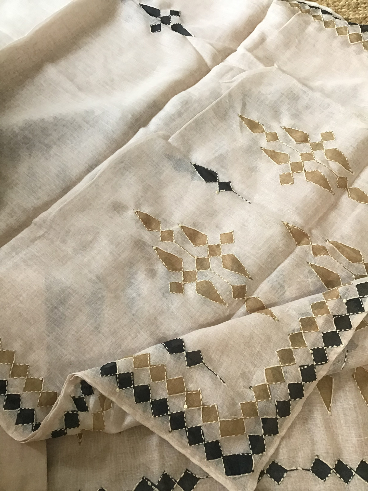 Soft Linen Jute Cotton Printed Embroidered Suit - BeigeYellow