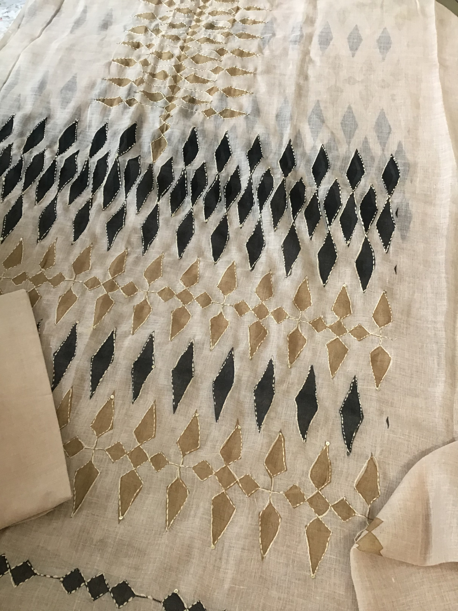 Soft Linen Jute Cotton Printed Embroidered Suit - BeigeYellow