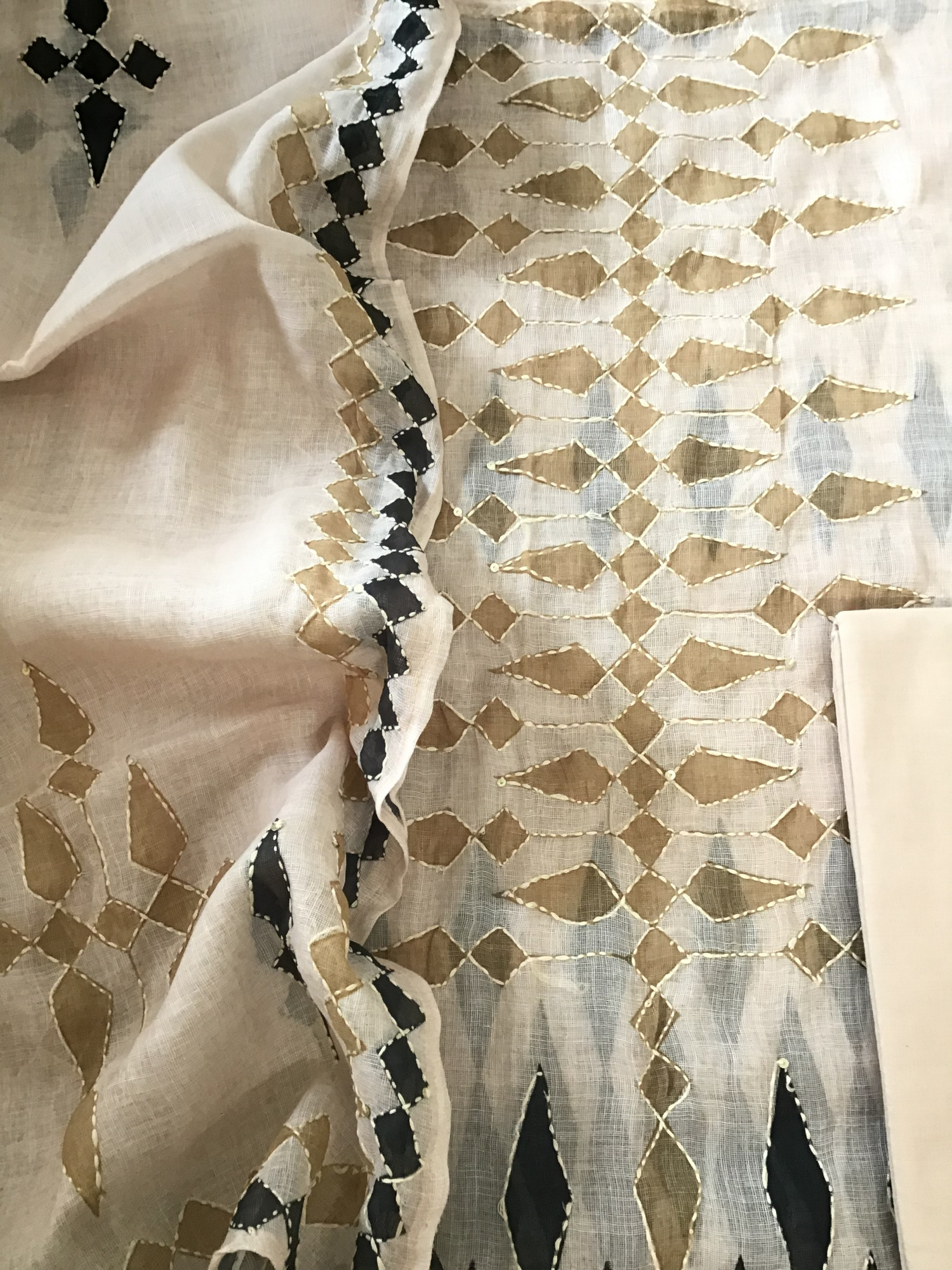 Soft Linen Jute Cotton Printed Embroidered Suit - BeigeYellow