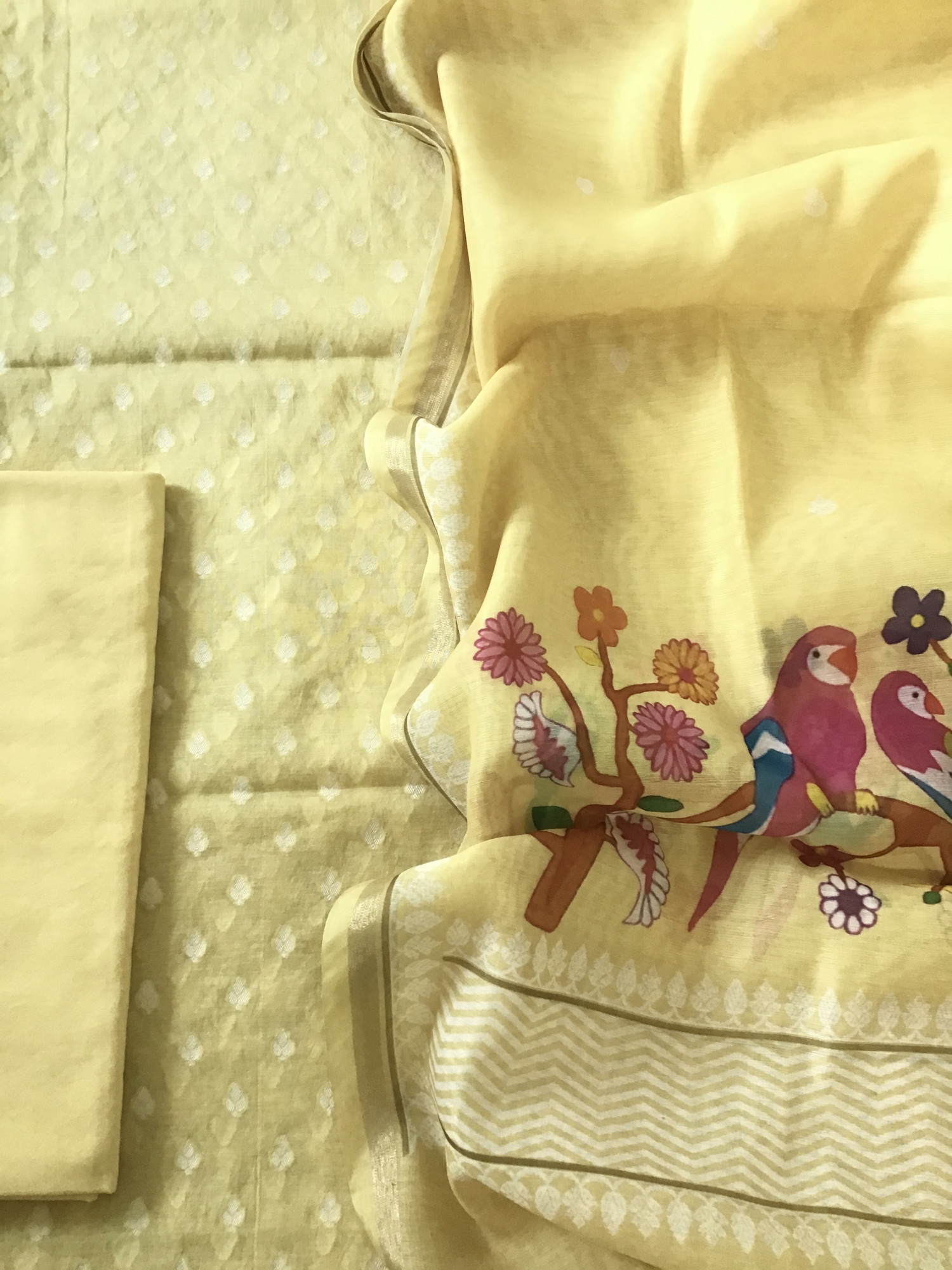 Soft Chanderi Self Weaved Printed Suit - Yellow