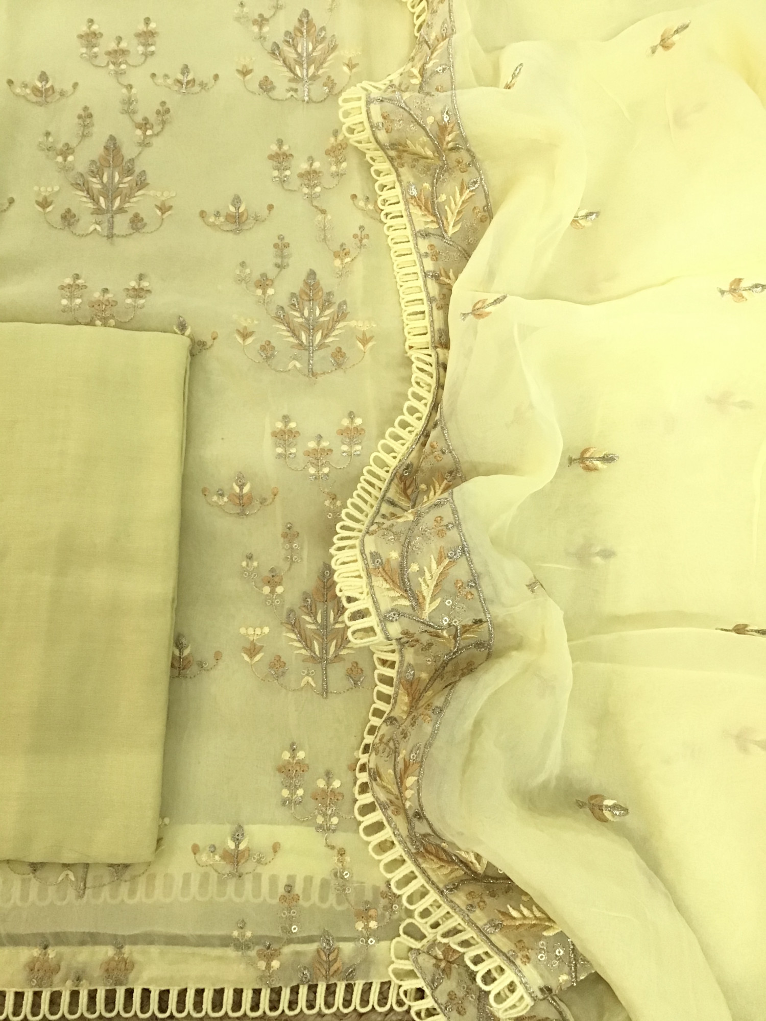 Pure Organza Embroidered Suit - Yellow