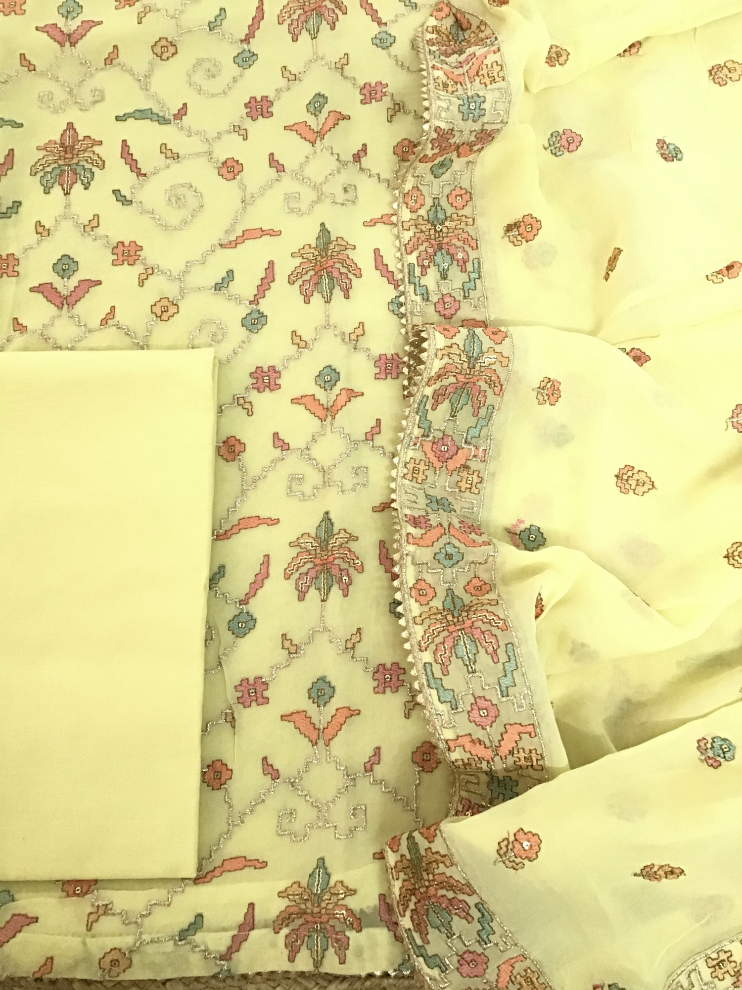 Pure Georgette Embroidered Suit - Yellow