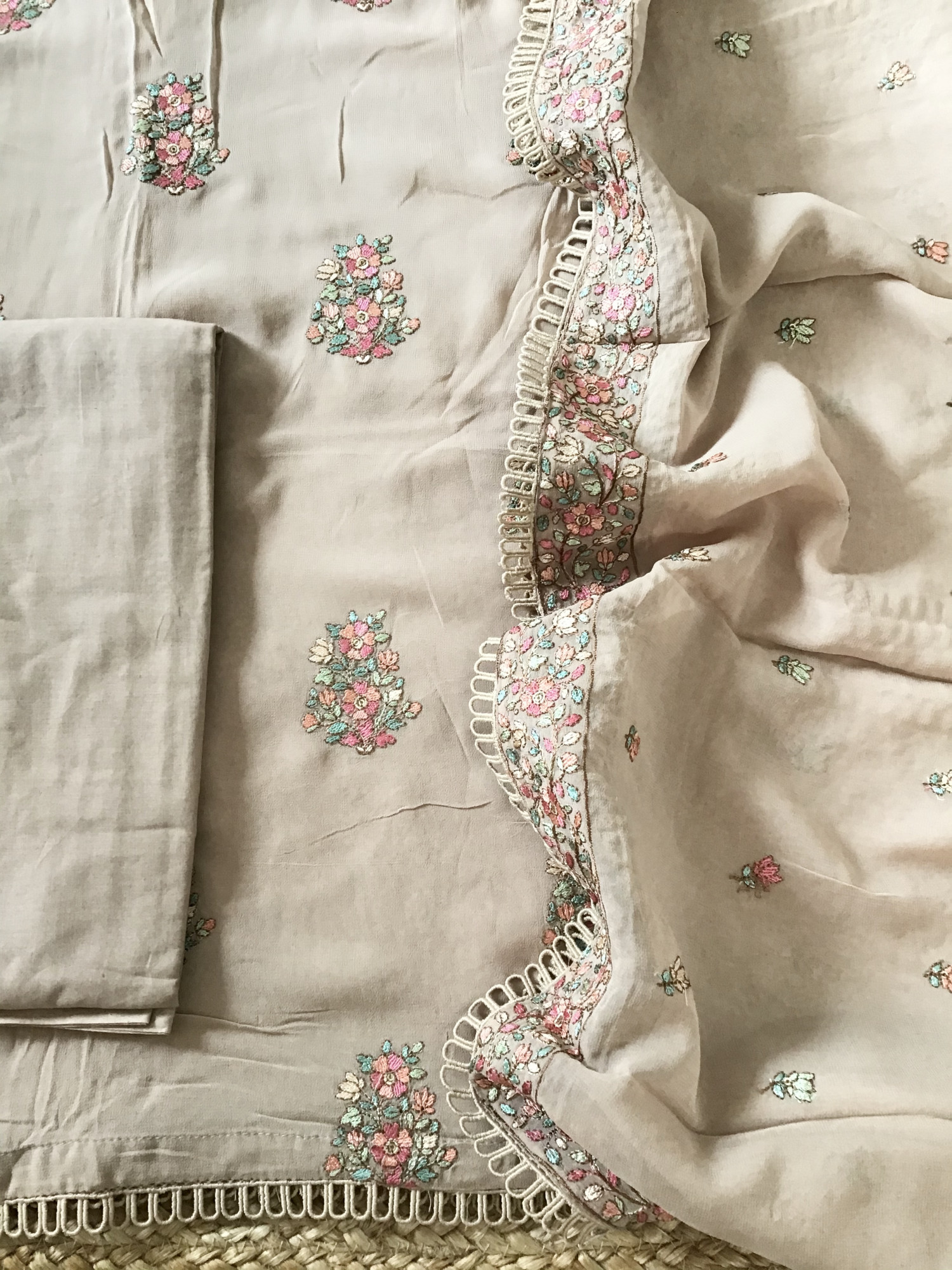 Pure Georgette Embroidered Suit - Brown