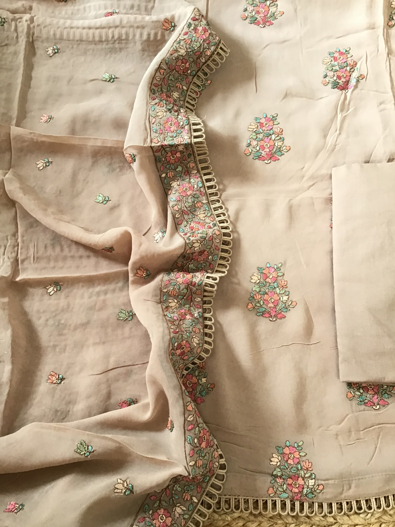 Pure Georgette Embroidered Suit - Brown