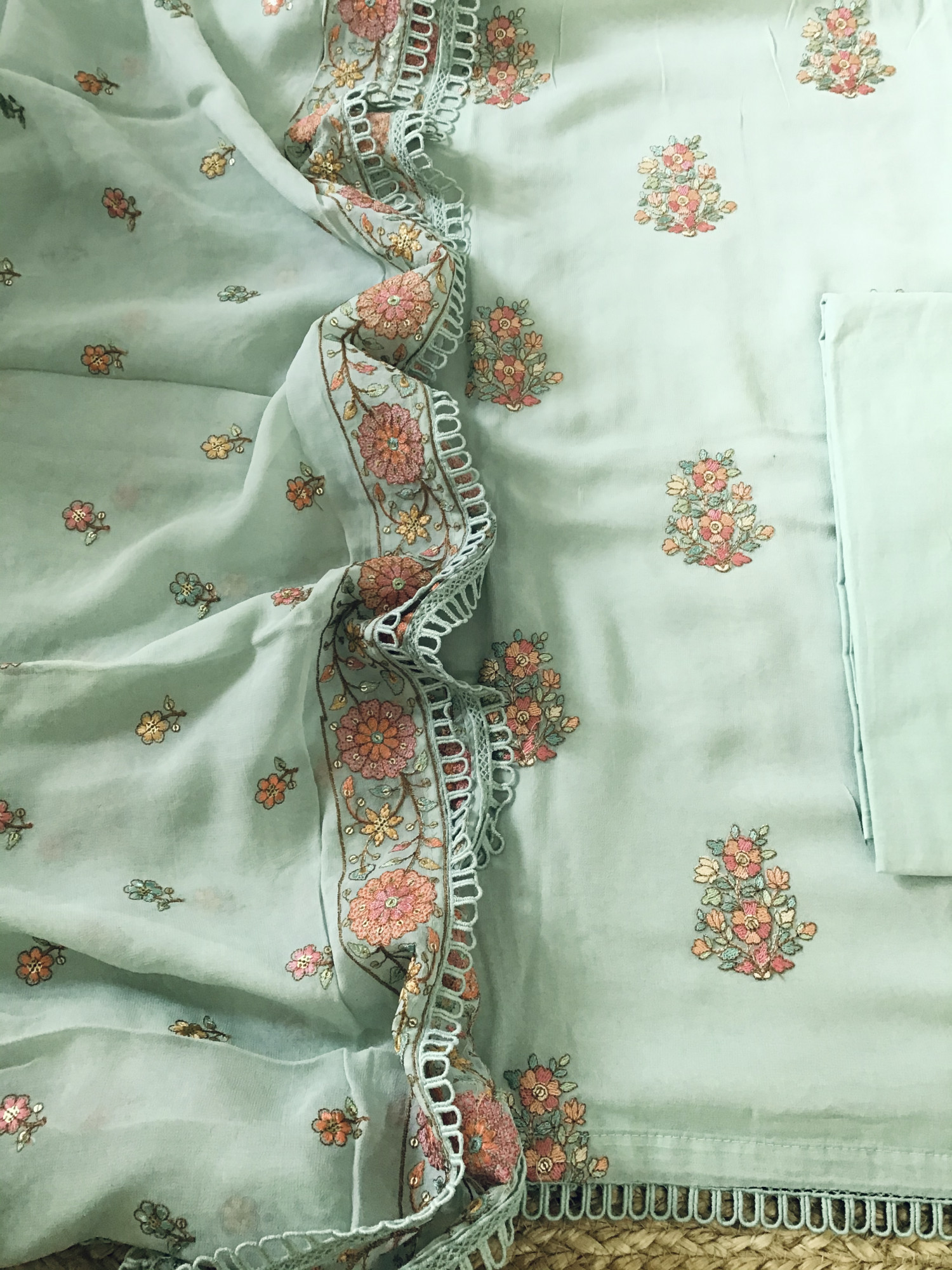 Pure Georgette Embroidered Suit - Sea Green