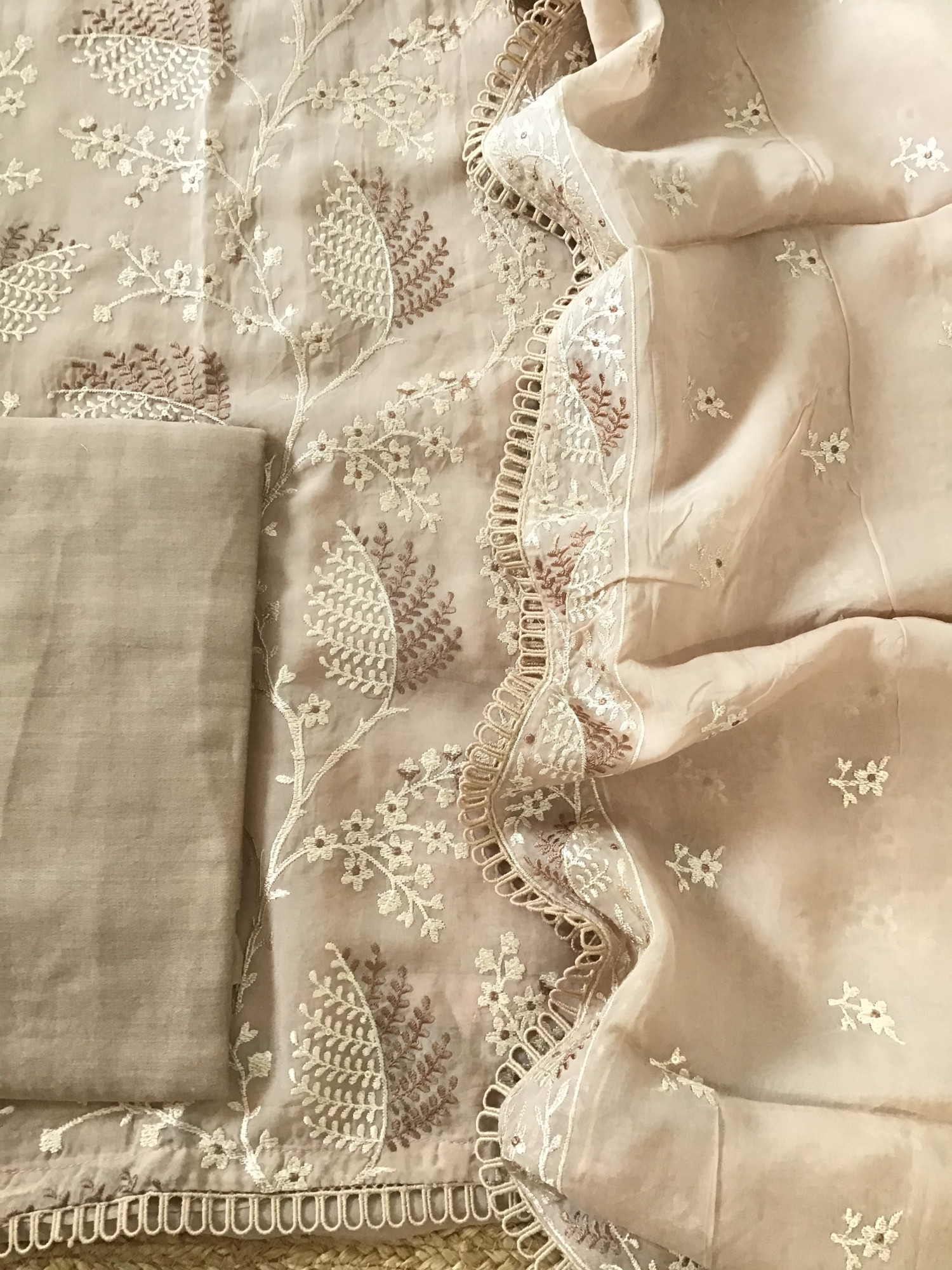 Pure Organza Embroidered Suit - Brown