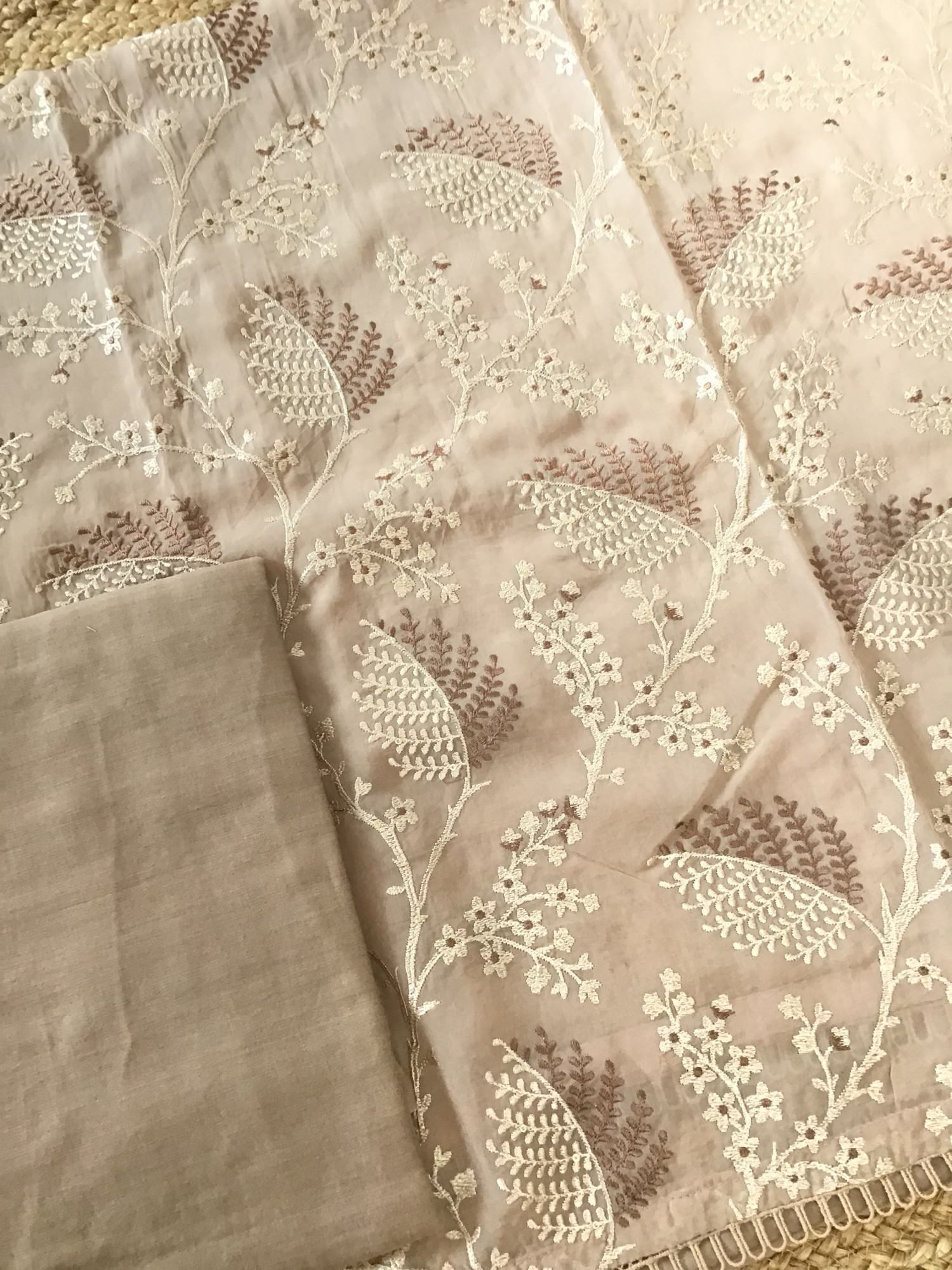 Pure Organza Embroidered Suit - Brown