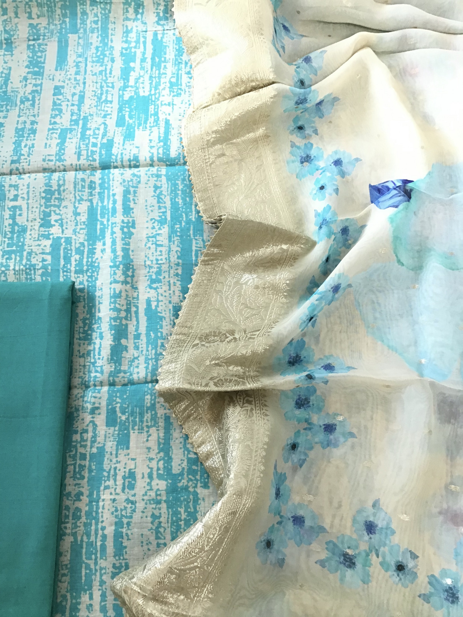 Pure Linen Chanderi Printed Suit - Blue