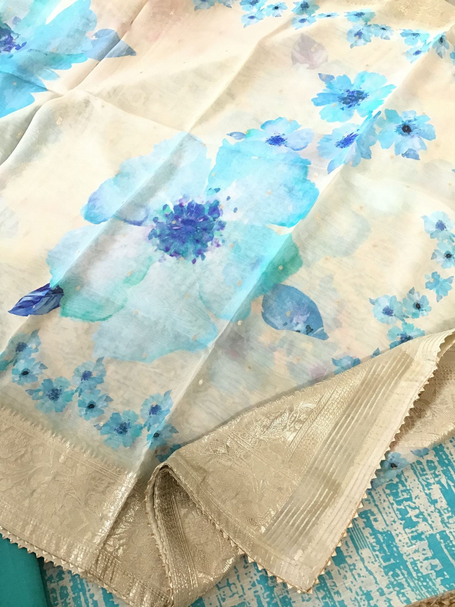 Pure Linen Chanderi Printed Suit - Blue