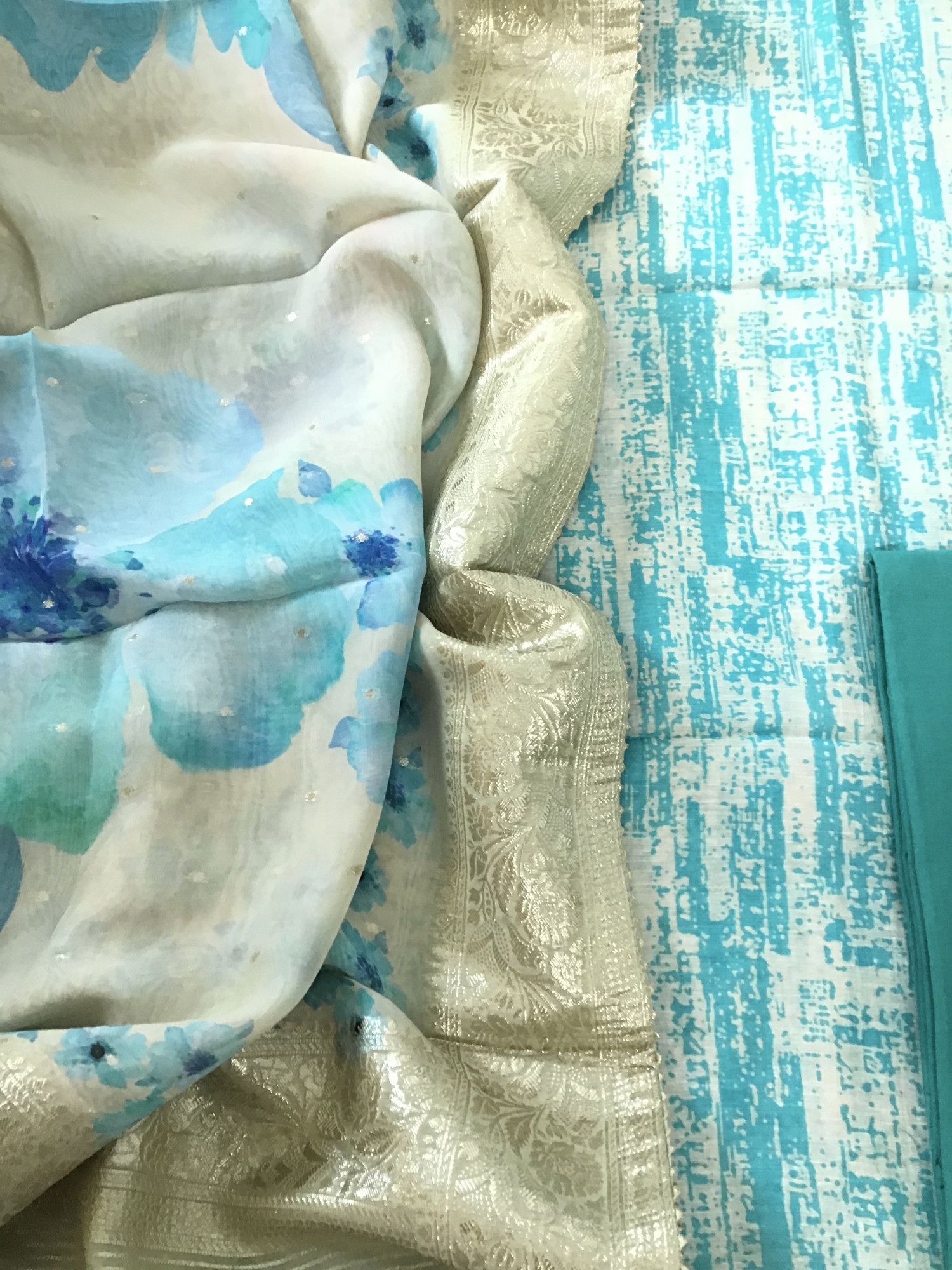 Pure Linen Chanderi Printed Suit - Blue