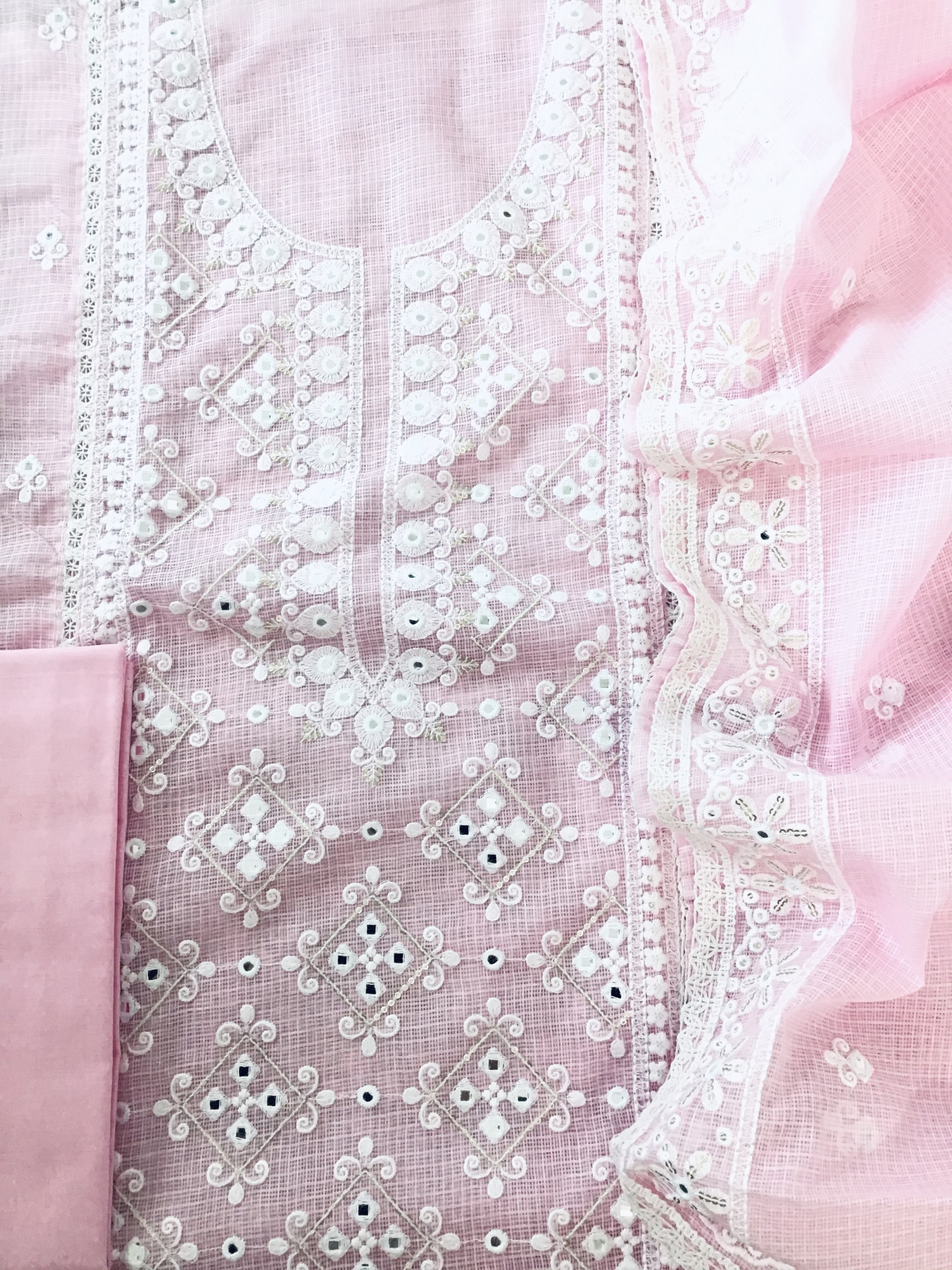 Soft Kota Silk Embroidered Suit - Pink