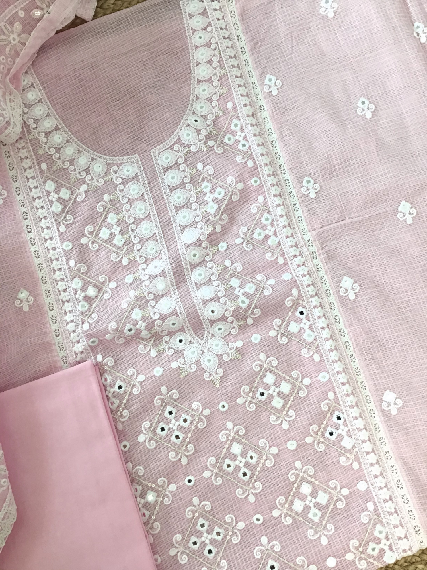 Soft Kota Silk Embroidered Suit - Pink