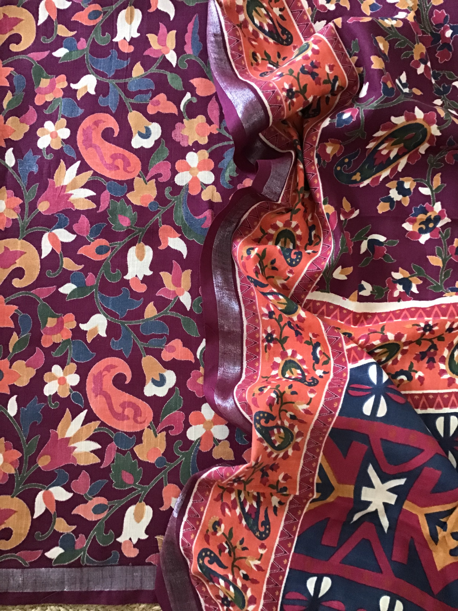 Pure Linen Cotton Silk Printed Suit - Wine