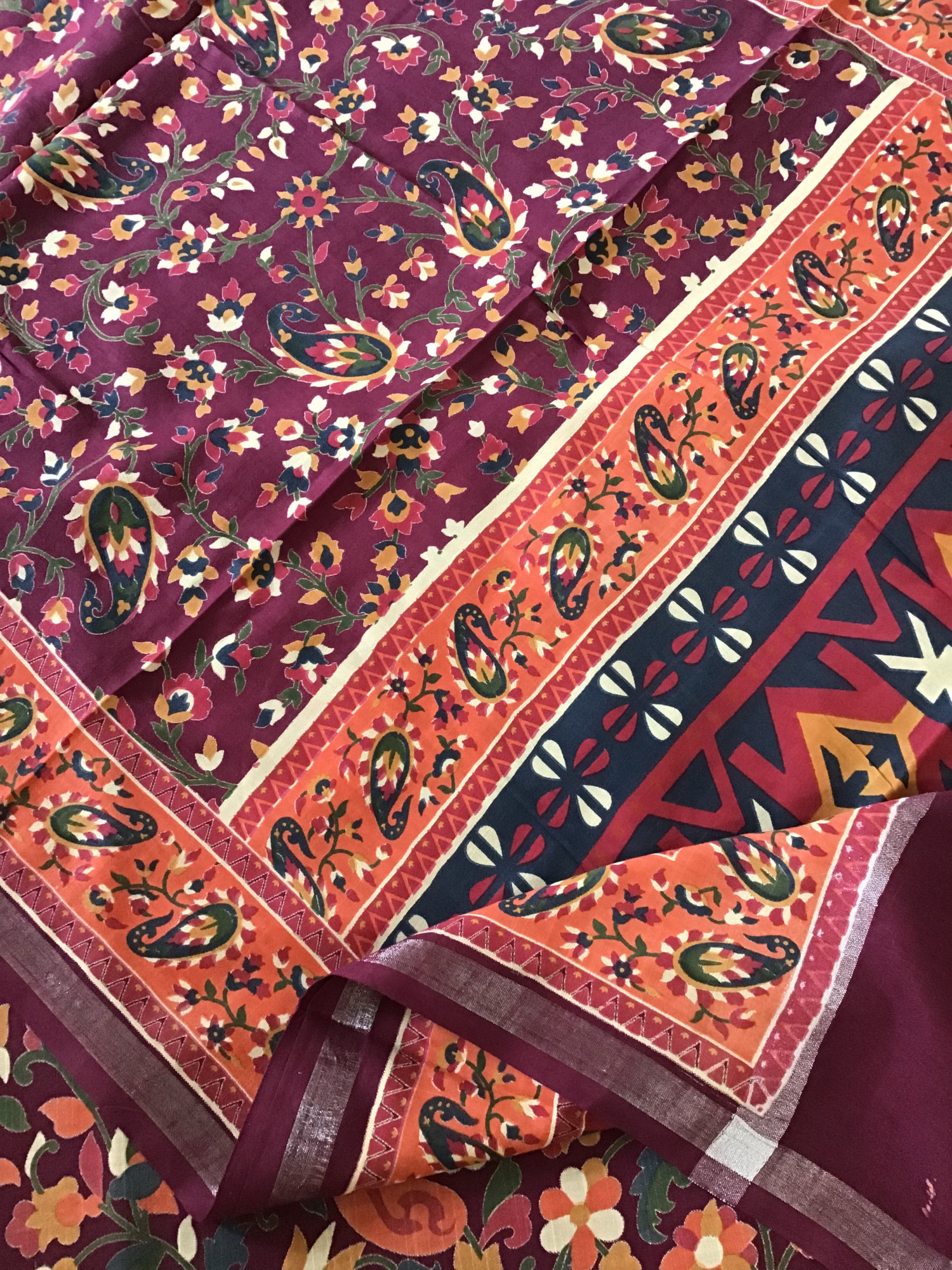 Pure Linen Cotton Silk Printed Suit - Wine