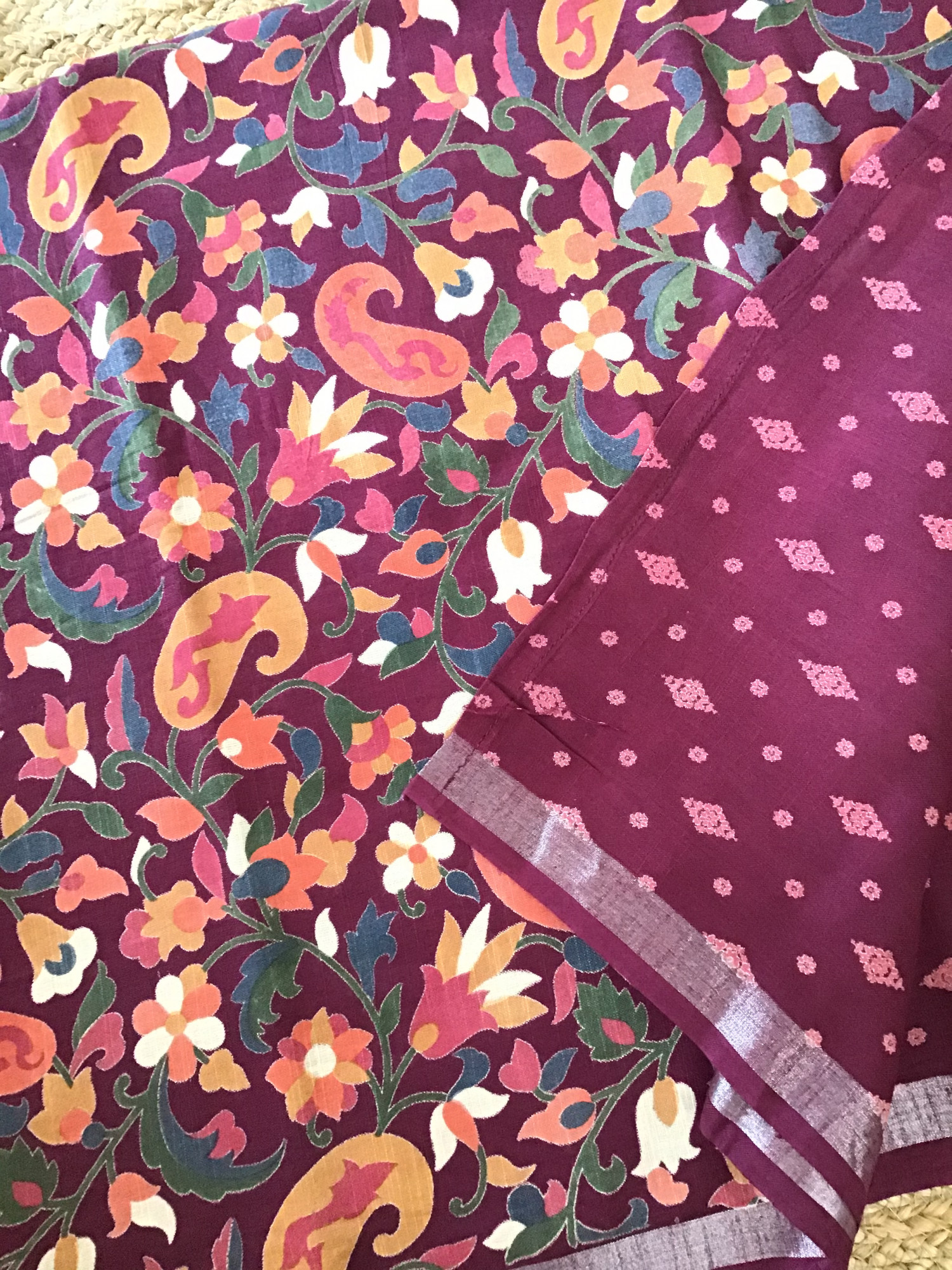 Pure Linen Cotton Silk Printed Suit - Wine