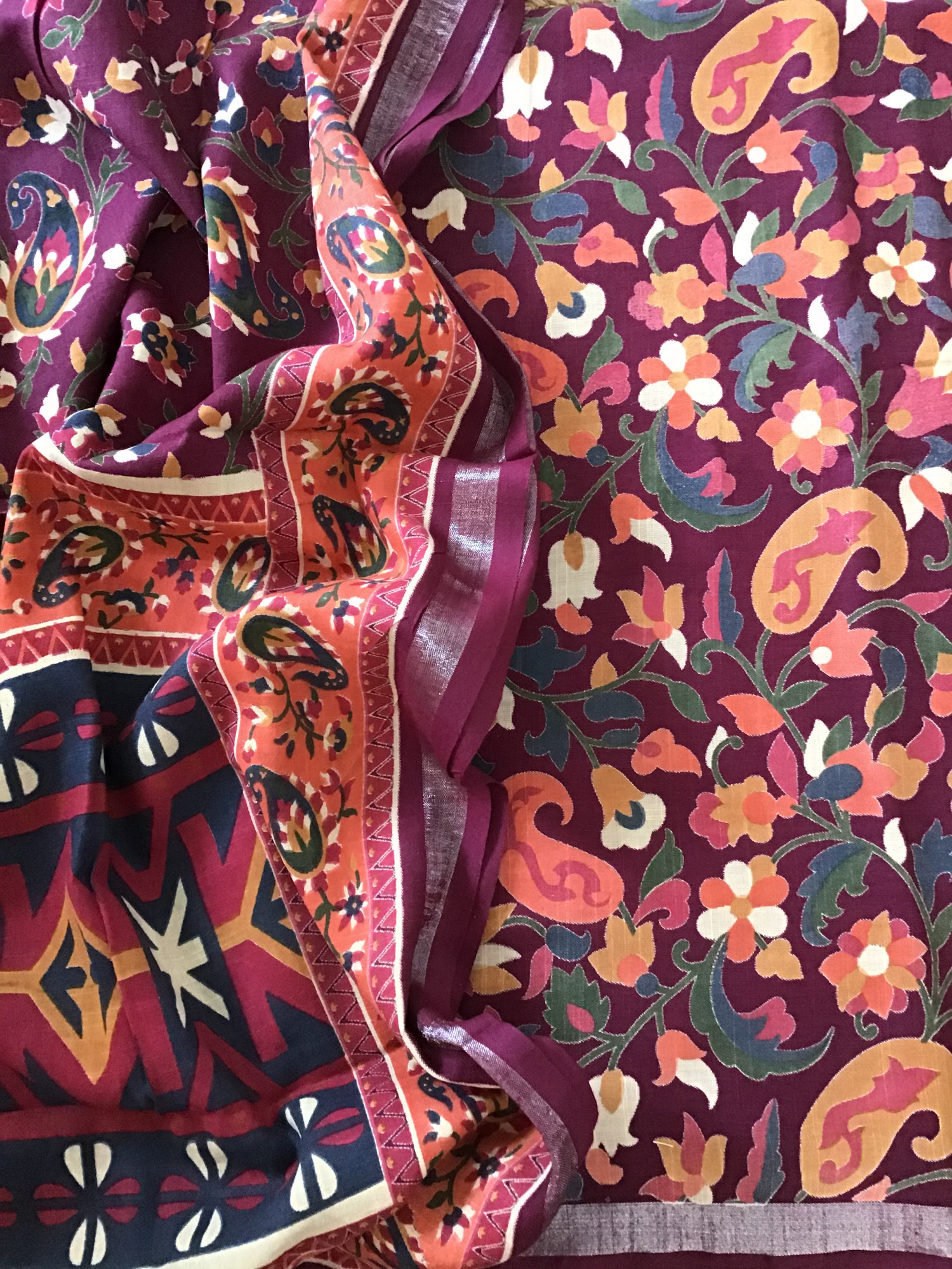 Pure Linen Cotton Silk Printed Suit - Wine