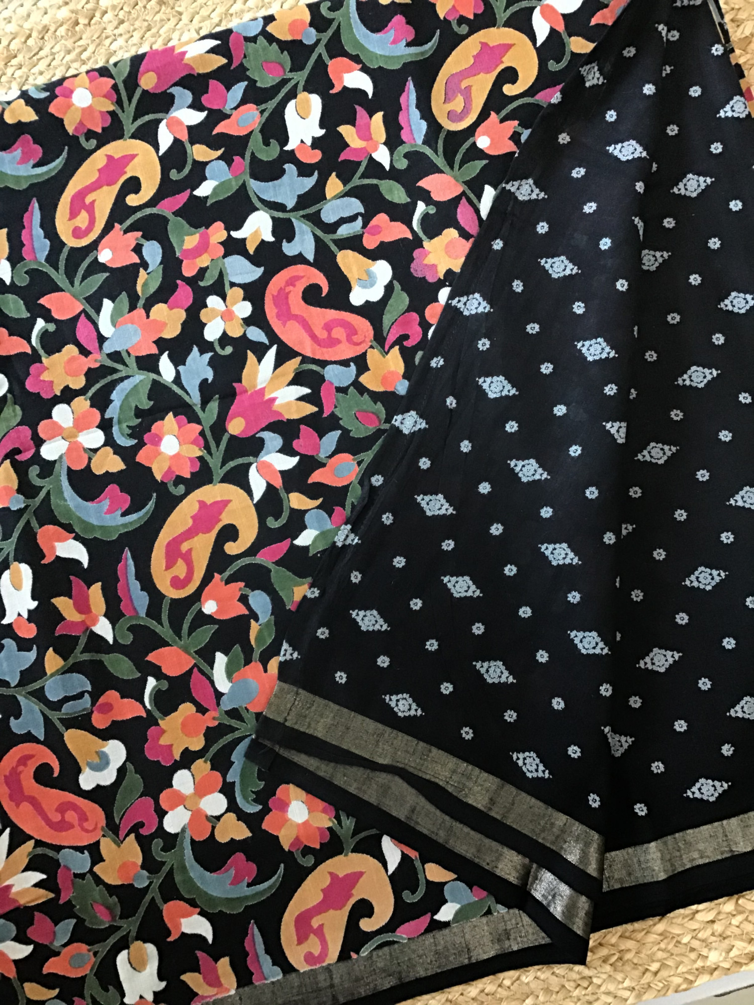 Pure Linen Cotton Silk Printed Suit - Black