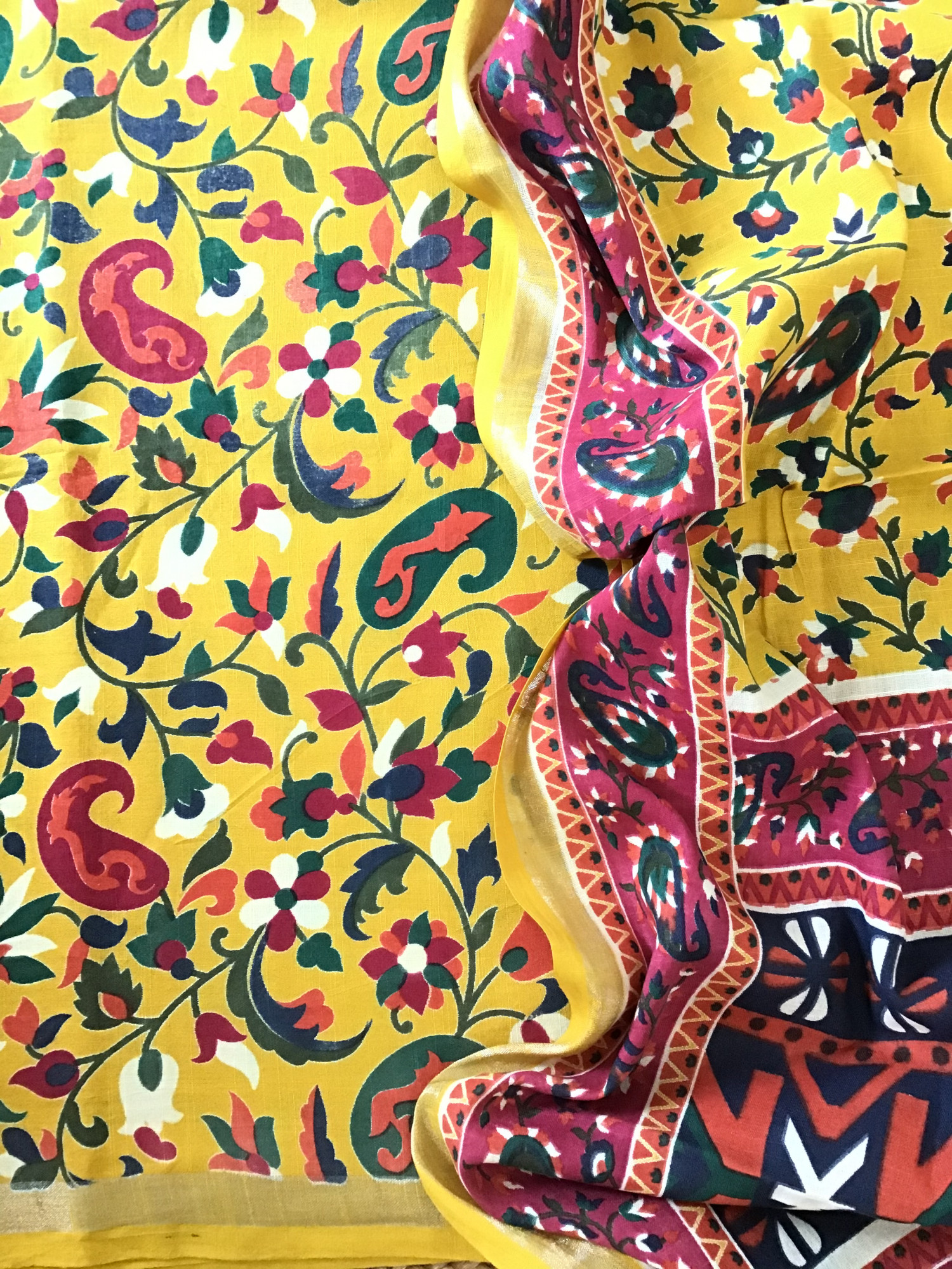 Pure Linen Cotton Silk Printed Suit - Yellow