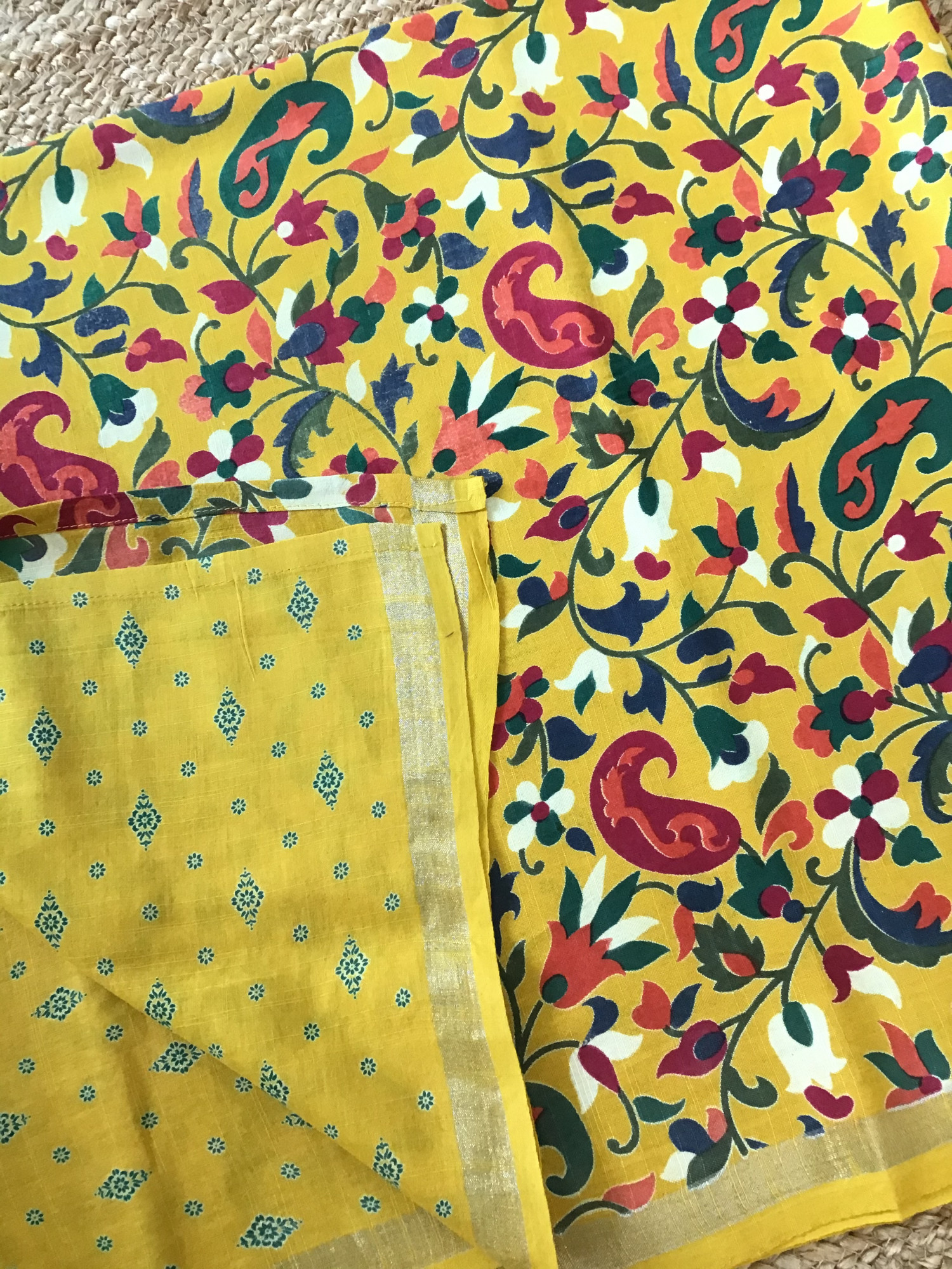 Pure Linen Cotton Silk Printed Suit - Yellow