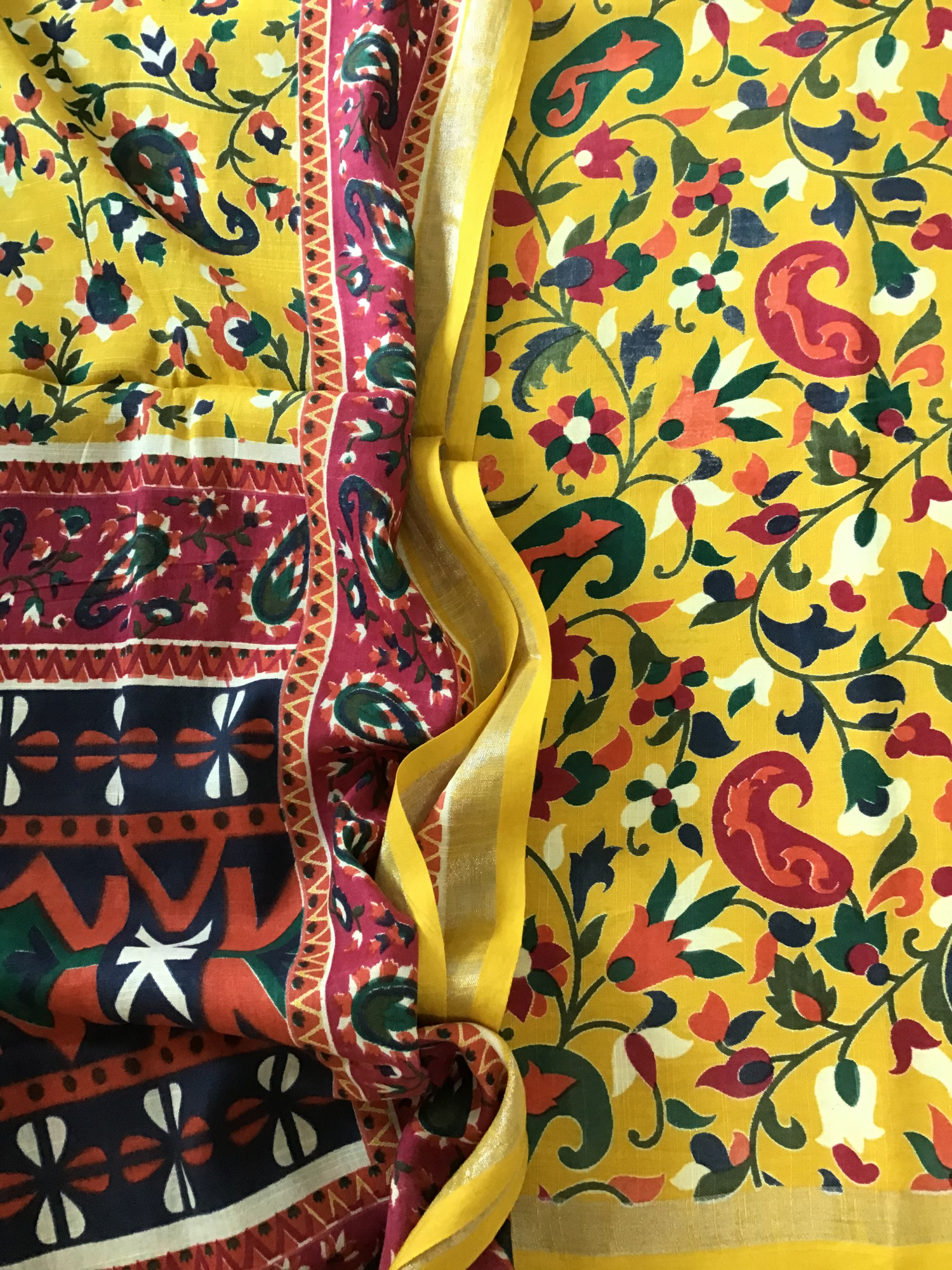 Pure Linen Cotton Silk Printed Suit - Yellow