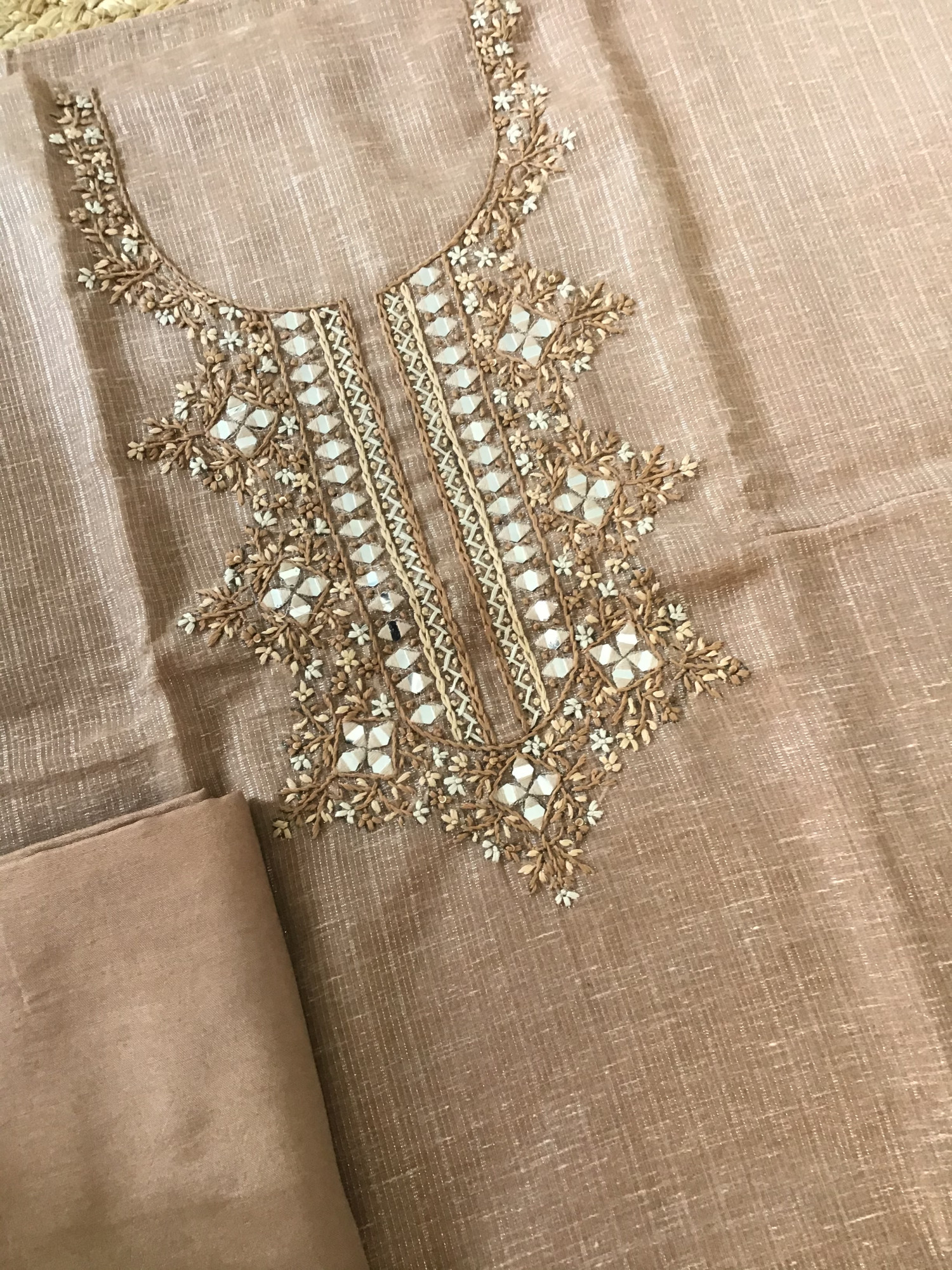 Fine Tissue Slub Cotton Embroidered Suit - Brown