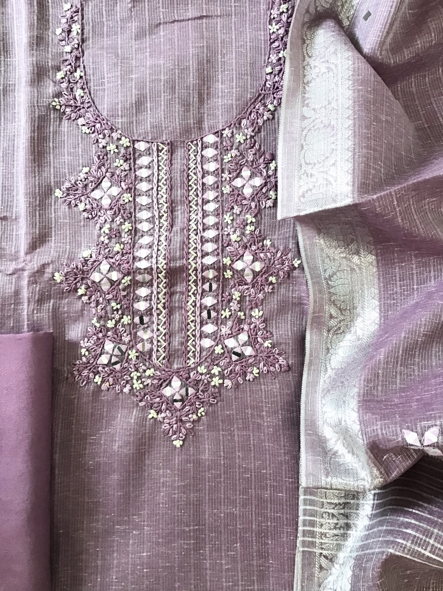 Fine Tissue Slub Cotton Embroidered Suit - Purple