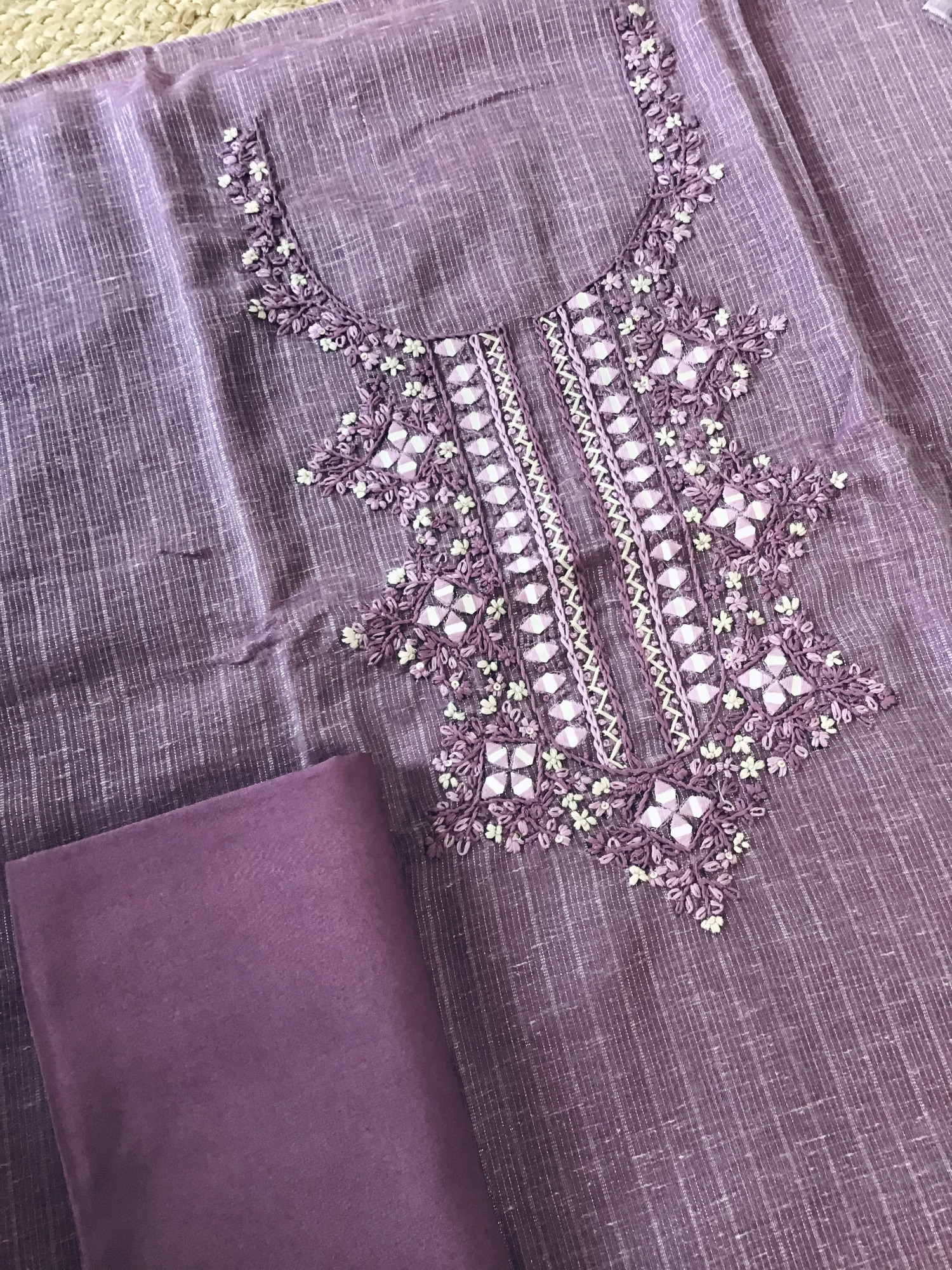 Fine Tissue Slub Cotton Embroidered Suit - Purple