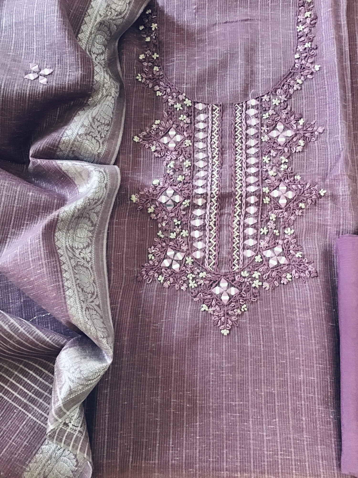 Fine Tissue Slub Cotton Embroidered Suit - Purple