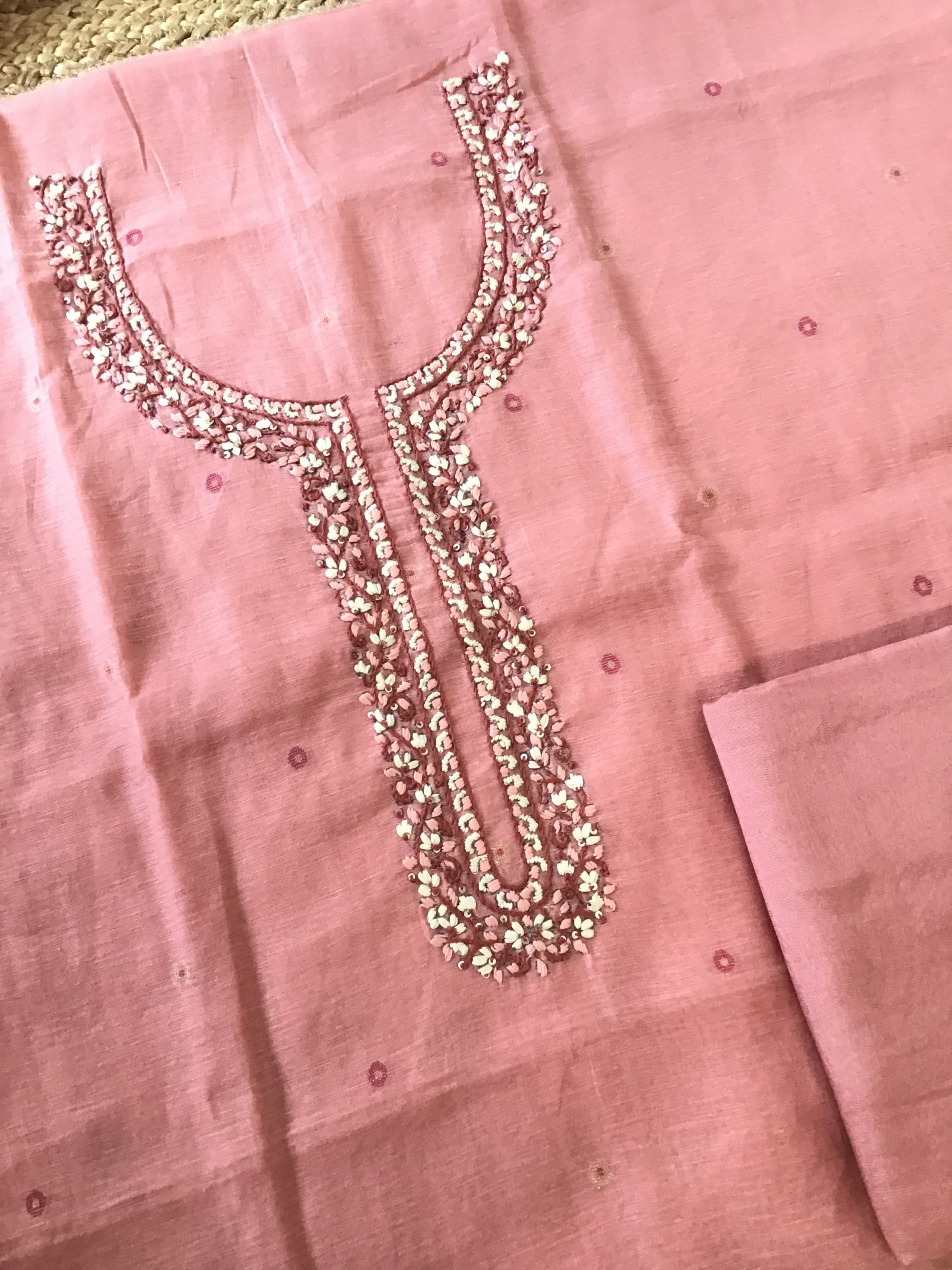 Soft Slub Chanderi Jamdani Weaved Embroidered Suit - Pink