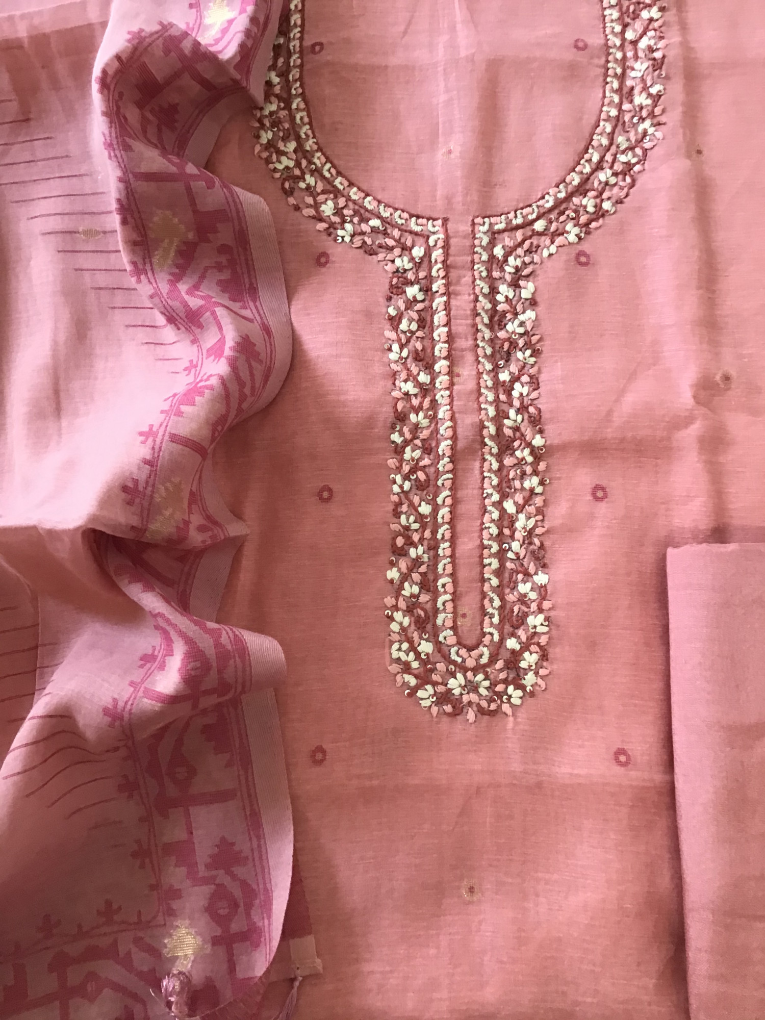 Soft Slub Chanderi Jamdani Weaved Embroidered Suit - Pink