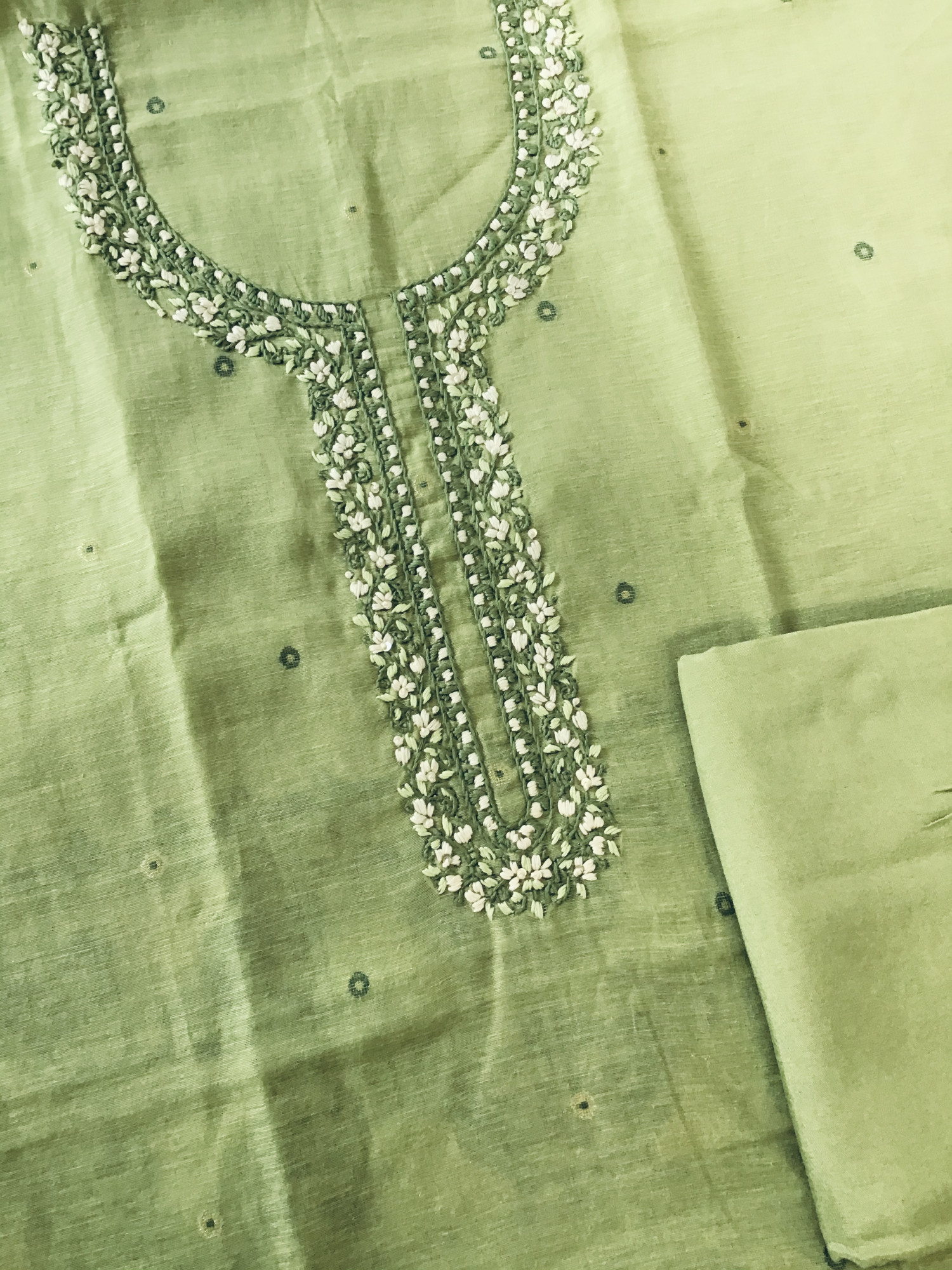 Soft Slub Chanderi Jamdani Weaved Embroidered Suit - Green