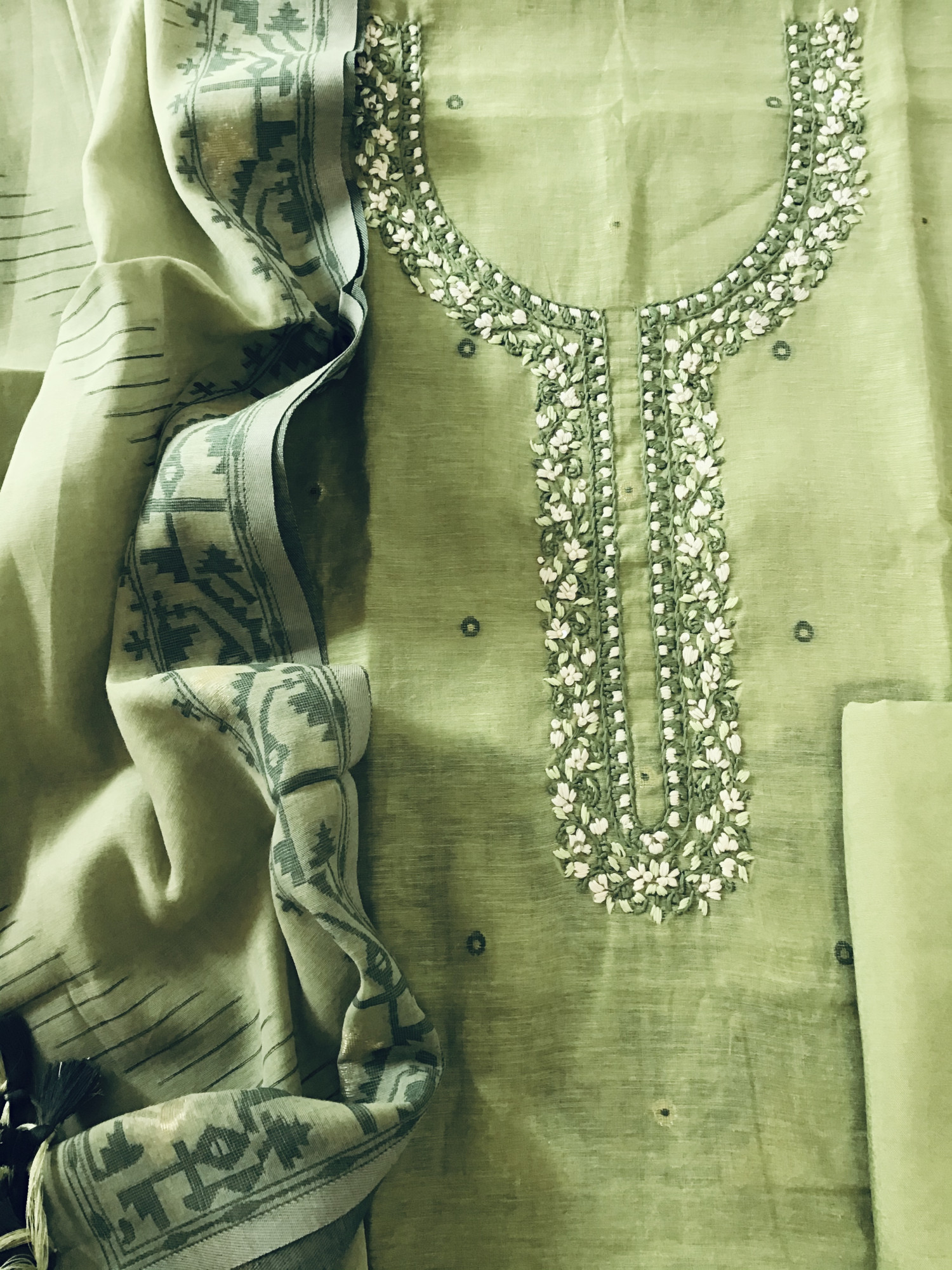 Soft Slub Chanderi Jamdani Weaved Embroidered Suit - Green