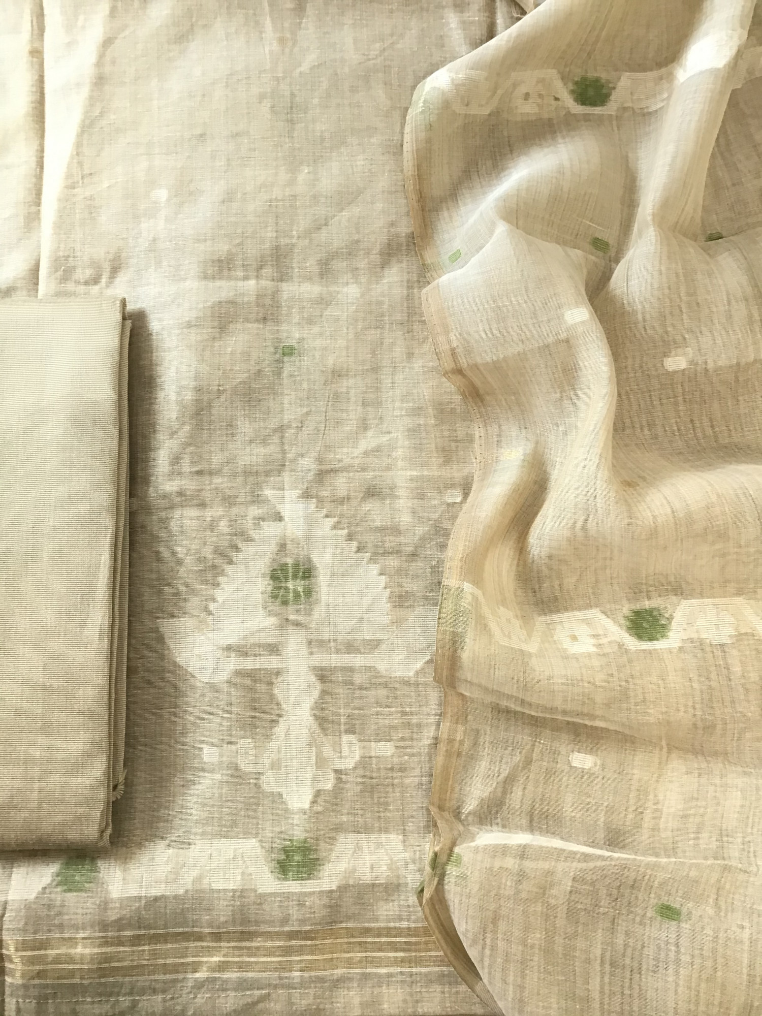 Soft Slub Chanderi Jamdani Weaved Embroidered Suit - BeigeGreen