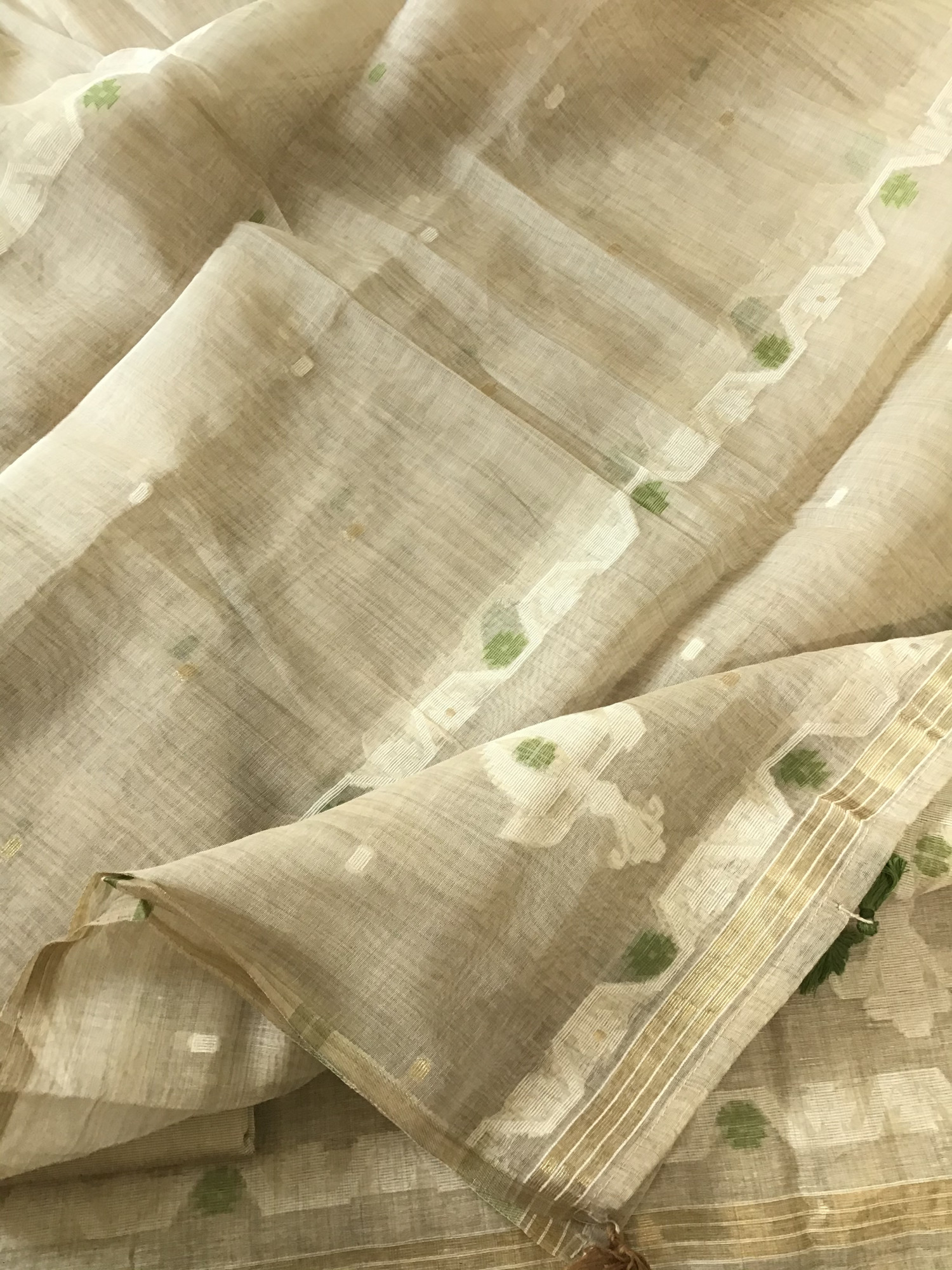 Soft Slub Chanderi Jamdani Weaved Embroidered Suit - BeigeGreen