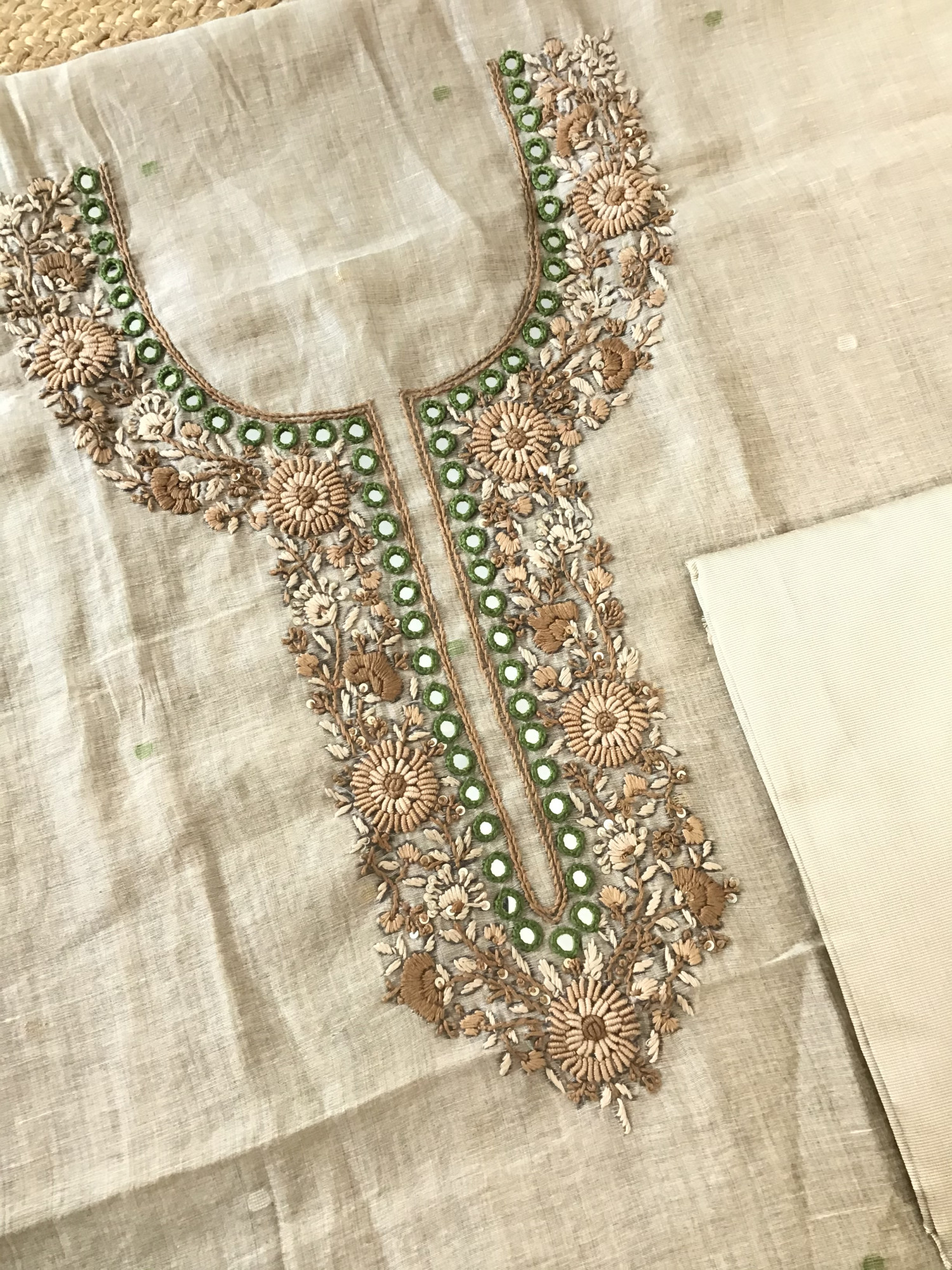 Soft Slub Chanderi Jamdani Weaved Embroidered Suit - BeigeGreen