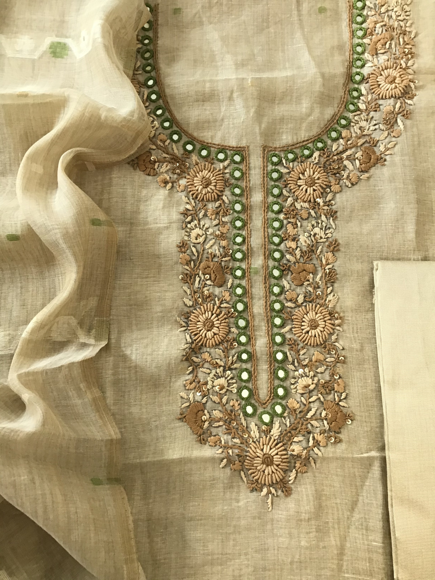 Soft Slub Chanderi Jamdani Weaved Embroidered Suit - BeigeGreen