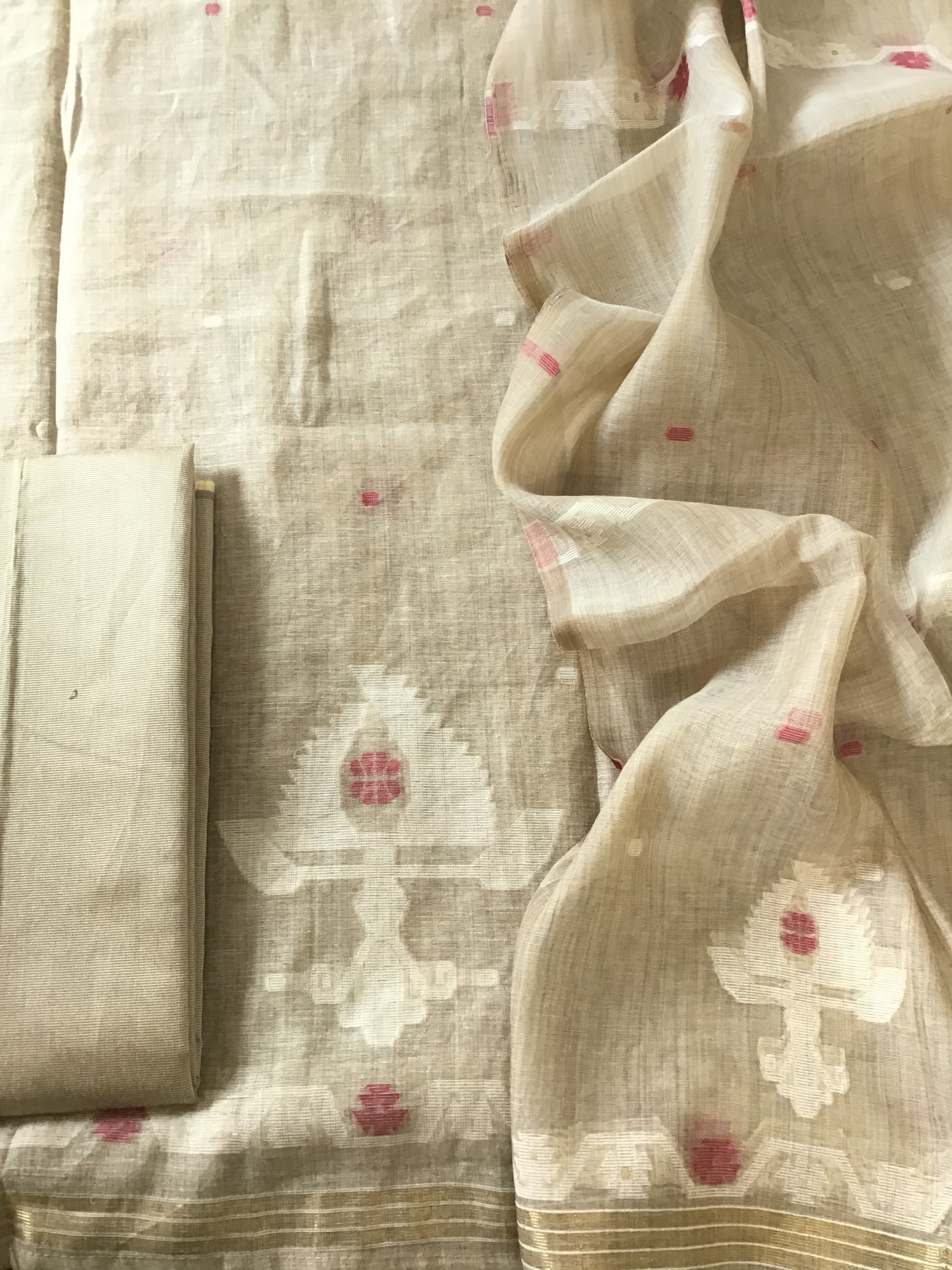 Soft Slub Chanderi Jamdani Weaved Embroidered Suit - BeigeMaroon