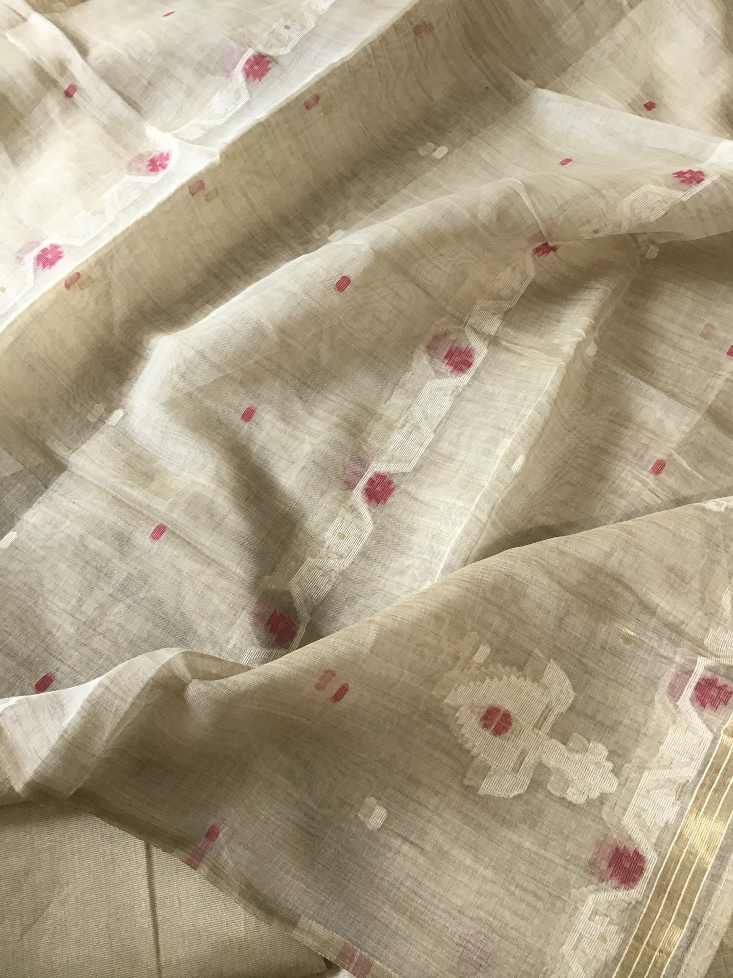 Soft Slub Chanderi Jamdani Weaved Embroidered Suit - BeigeMaroon