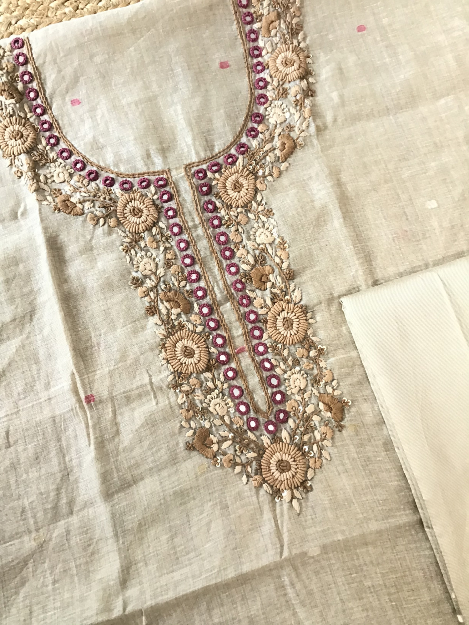 Soft Slub Chanderi Jamdani Weaved Embroidered Suit - BeigeMaroon